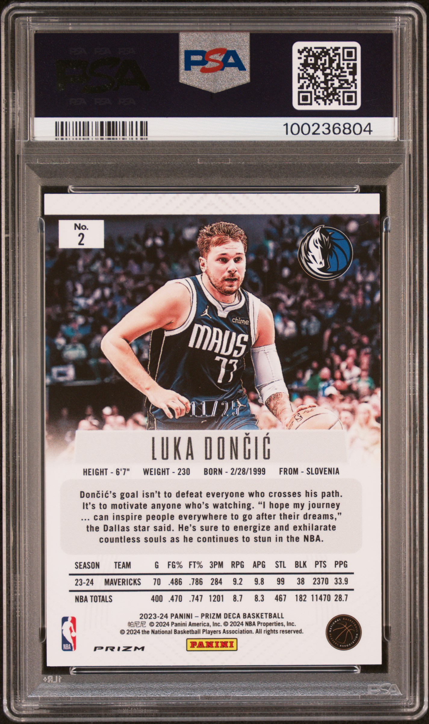 2023 Panini Prizm Deca Luka Doncic #2 (Mojo Prizm) Gem Mt 10 back