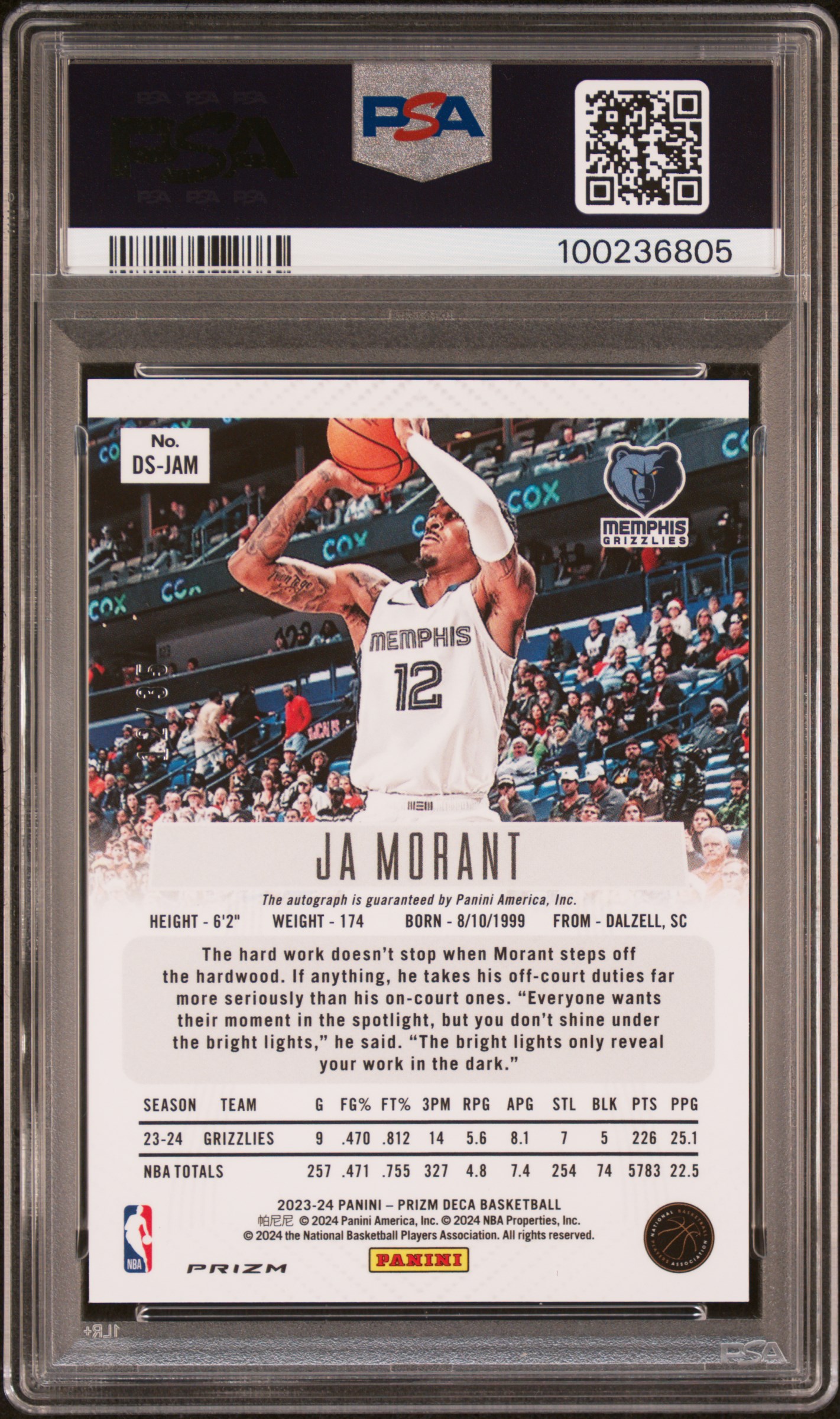 2023 Panini Prizm Deca Signatures Ja Morant #Dsjam (Signature-Blue Prizm) Mint 9 back