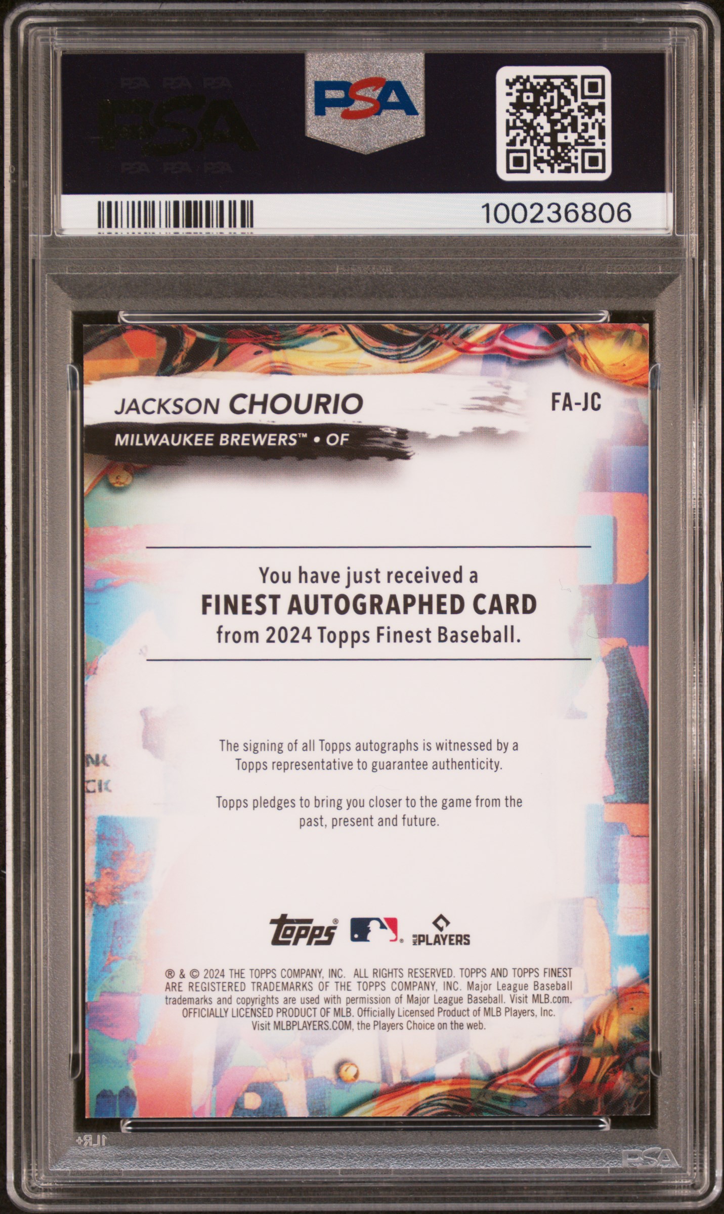 2024 Topps Finest Finest Autographs Jackson Chourio #Fajc (Auto-Sky Blue Refractor) Mint 9 back