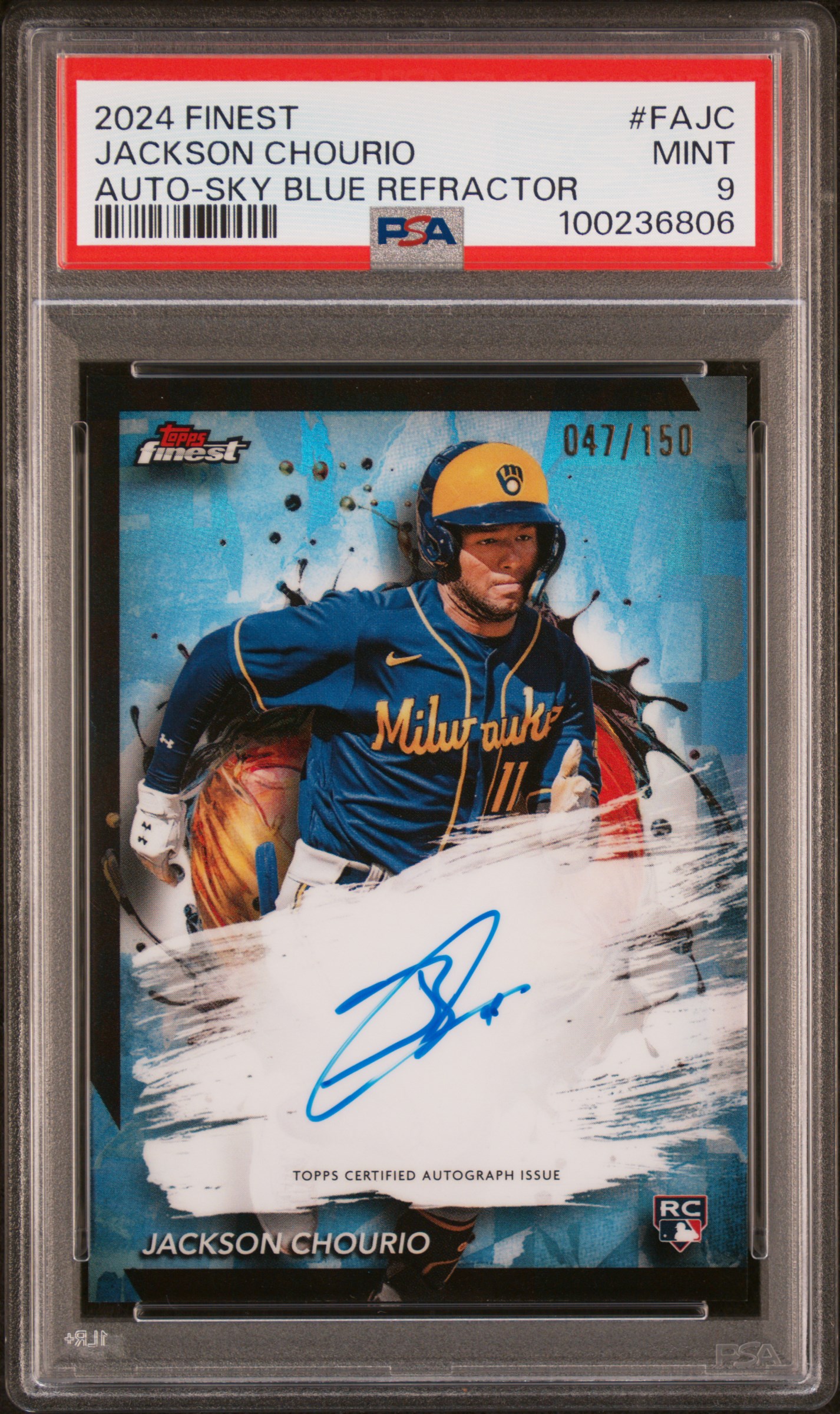 2024 Topps Finest Finest Autographs Jackson Chourio #Fajc (Auto-Sky Blue Refractor) Mint 9 front