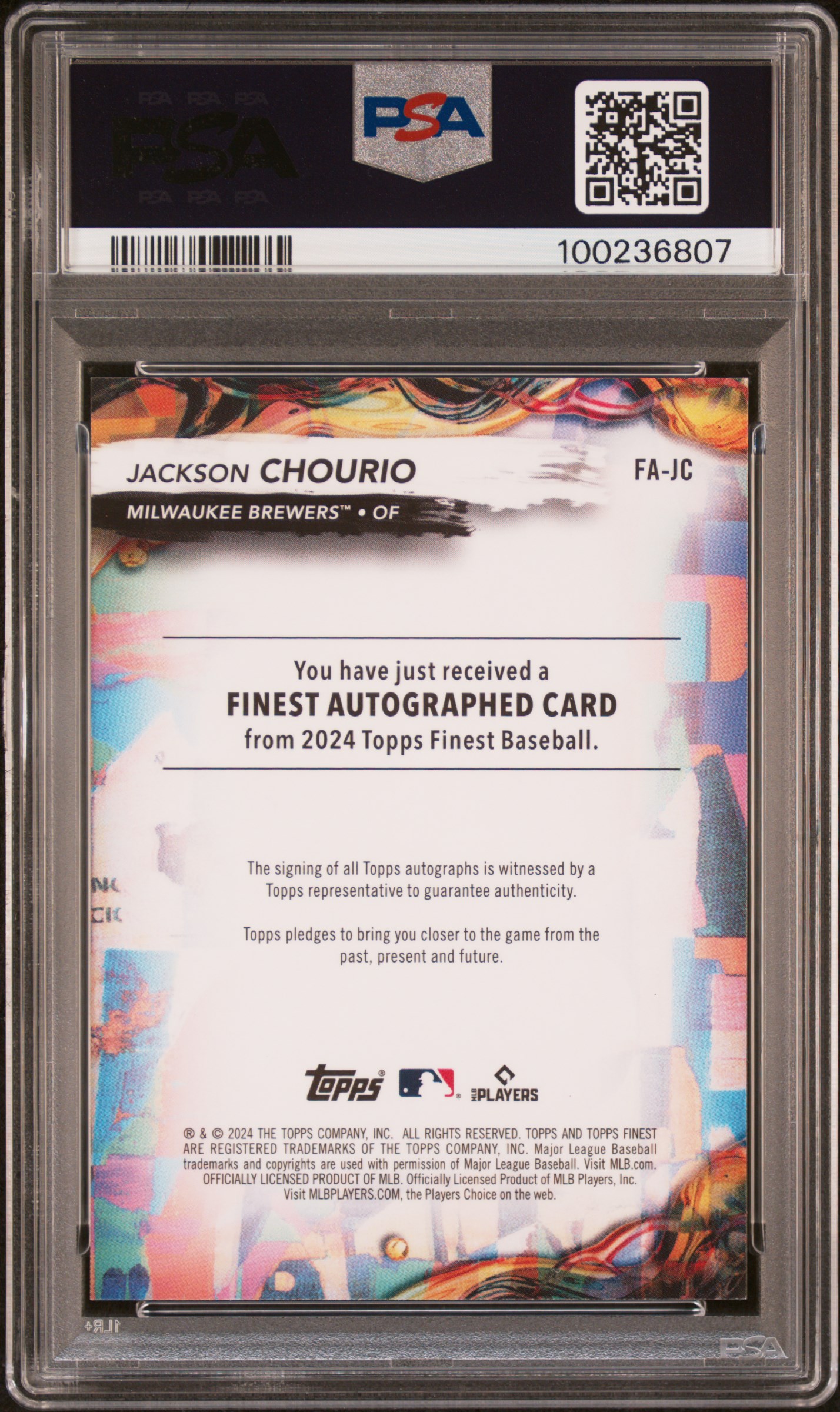 2024 Topps Finest Finest Autographs Jackson Chourio #Fajc (Auto-Sky Blue Refractor) Gem Mt 10 back