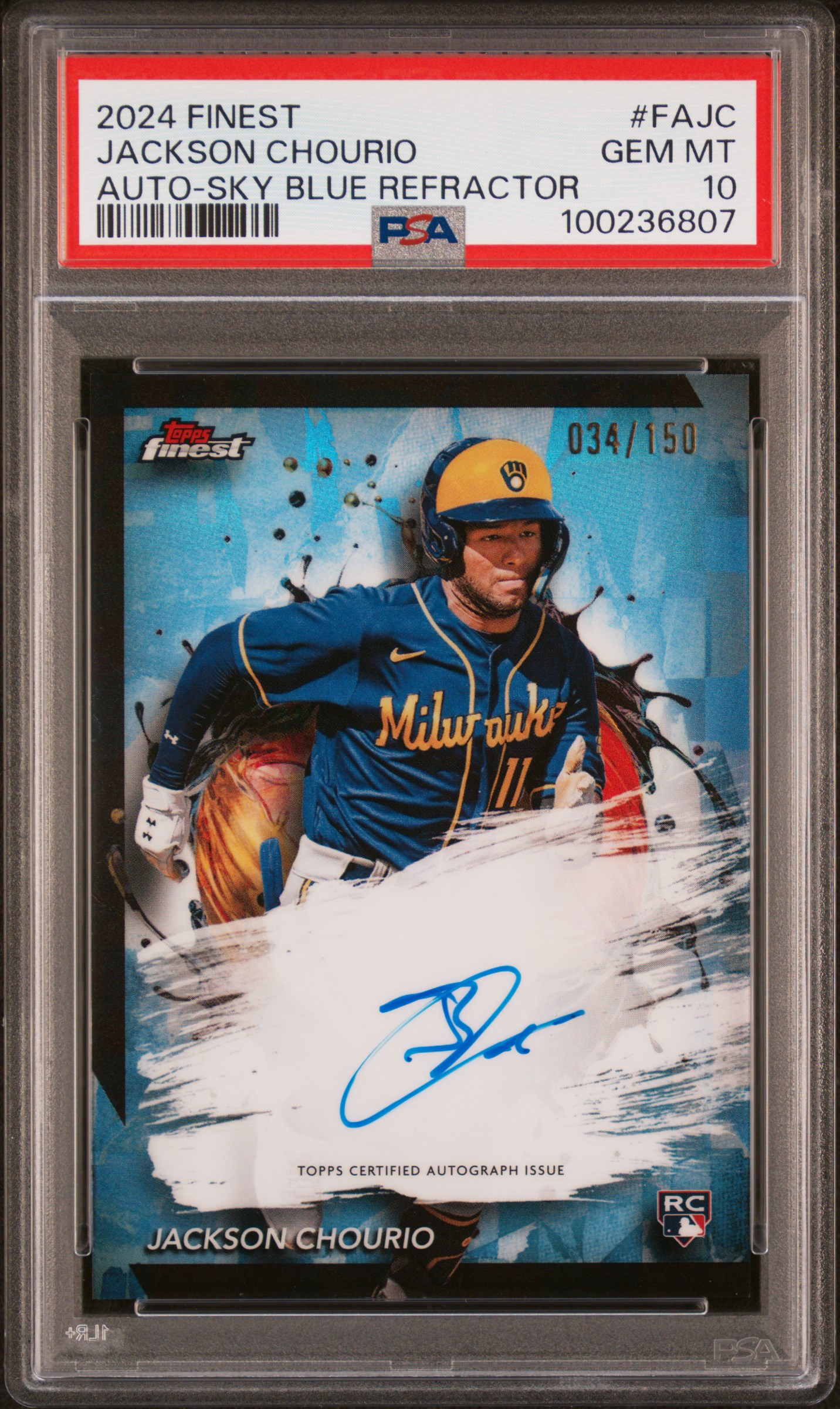 2024 Topps Finest Finest Autographs Jackson Chourio #Fajc (Auto-Sky Blue Refractor) Gem Mt 10 front