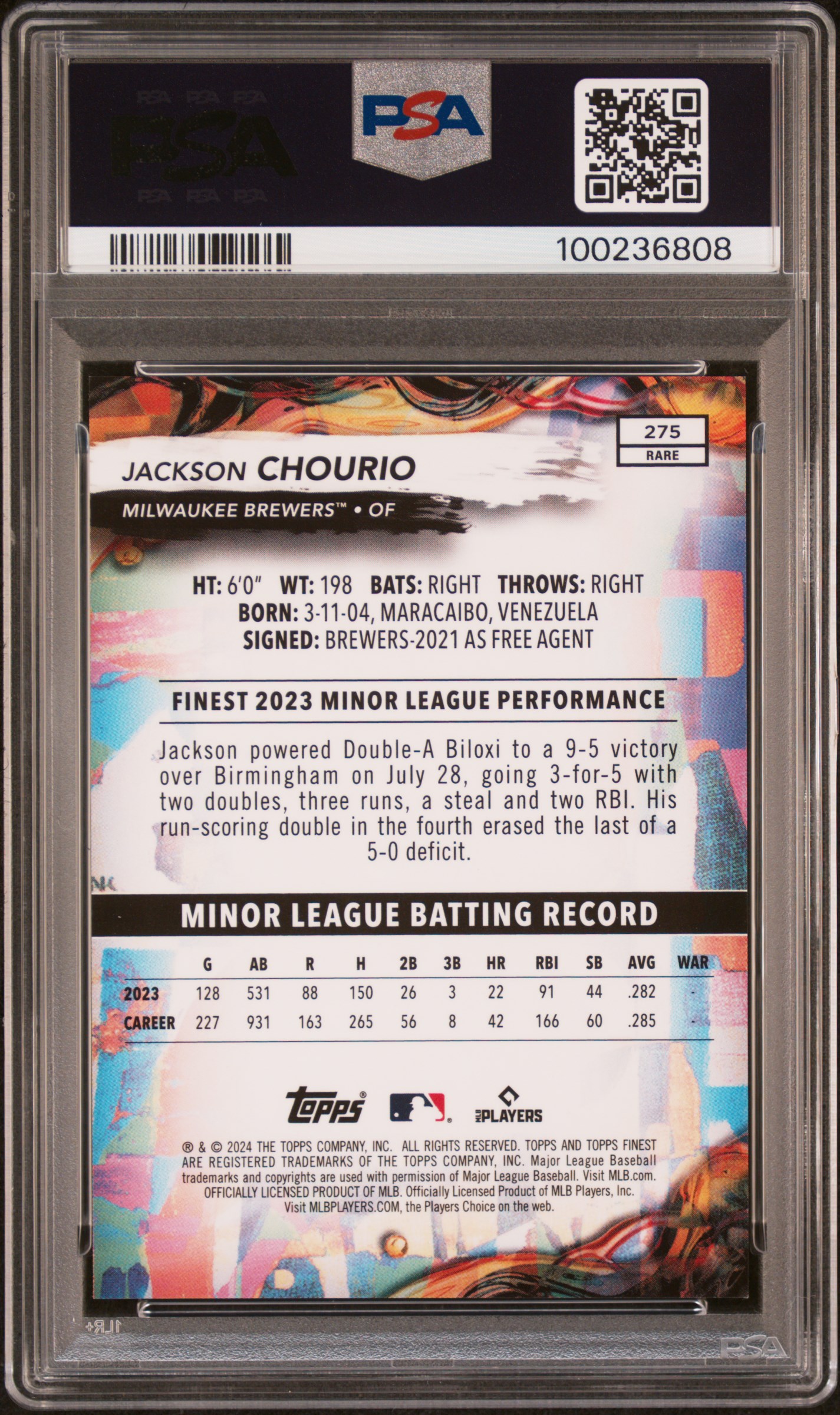 2024 Topps Finest Jackson Chourio #275 (Black Refractor) Gem Mt 10 back