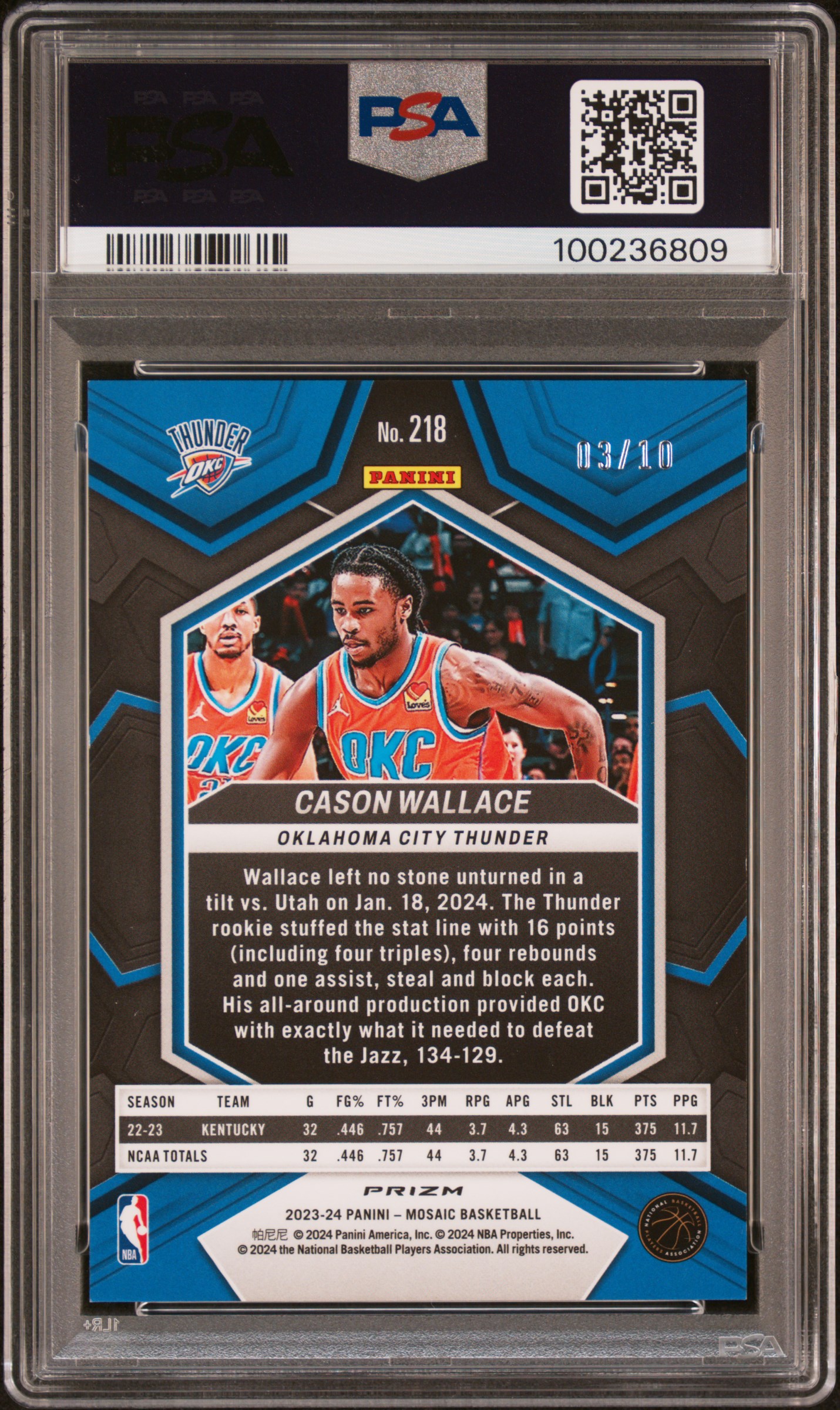 2023 Panini Mosaic Cason Wallace #218 (Gold) Gem Mt 10 back