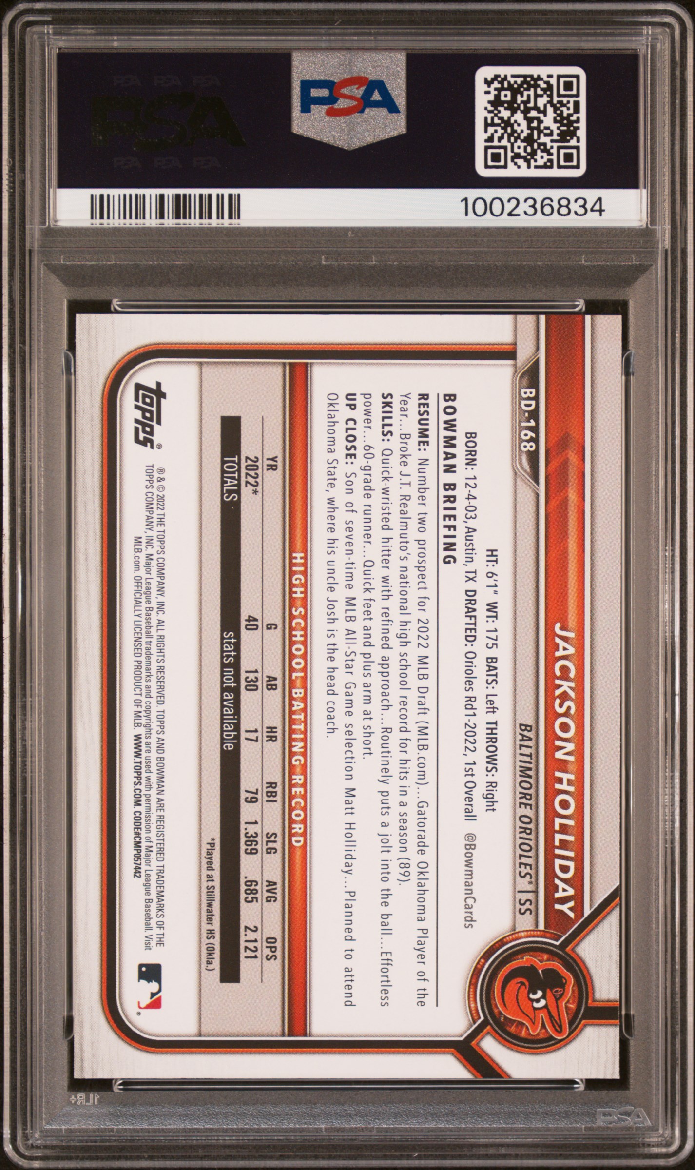 2022 Bowman Draft 1St Edition Jackson Holliday #168 Gem Mt 10 back