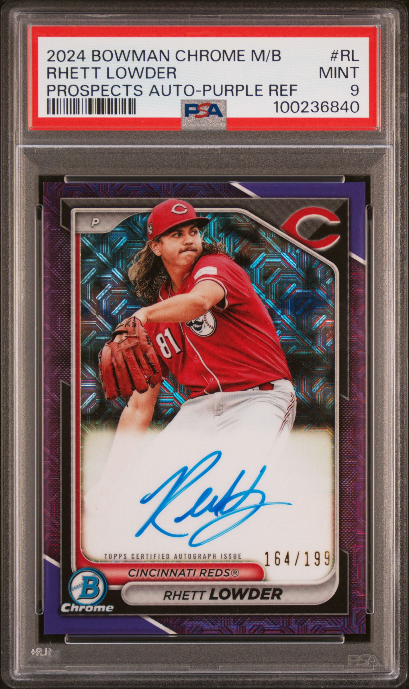 2024 Bowman Mega Box Chrome Bowman Prospect Mega Autographs Rhett Lowder #Rl (Prospects Auto-Purple Ref) Mint 9 front