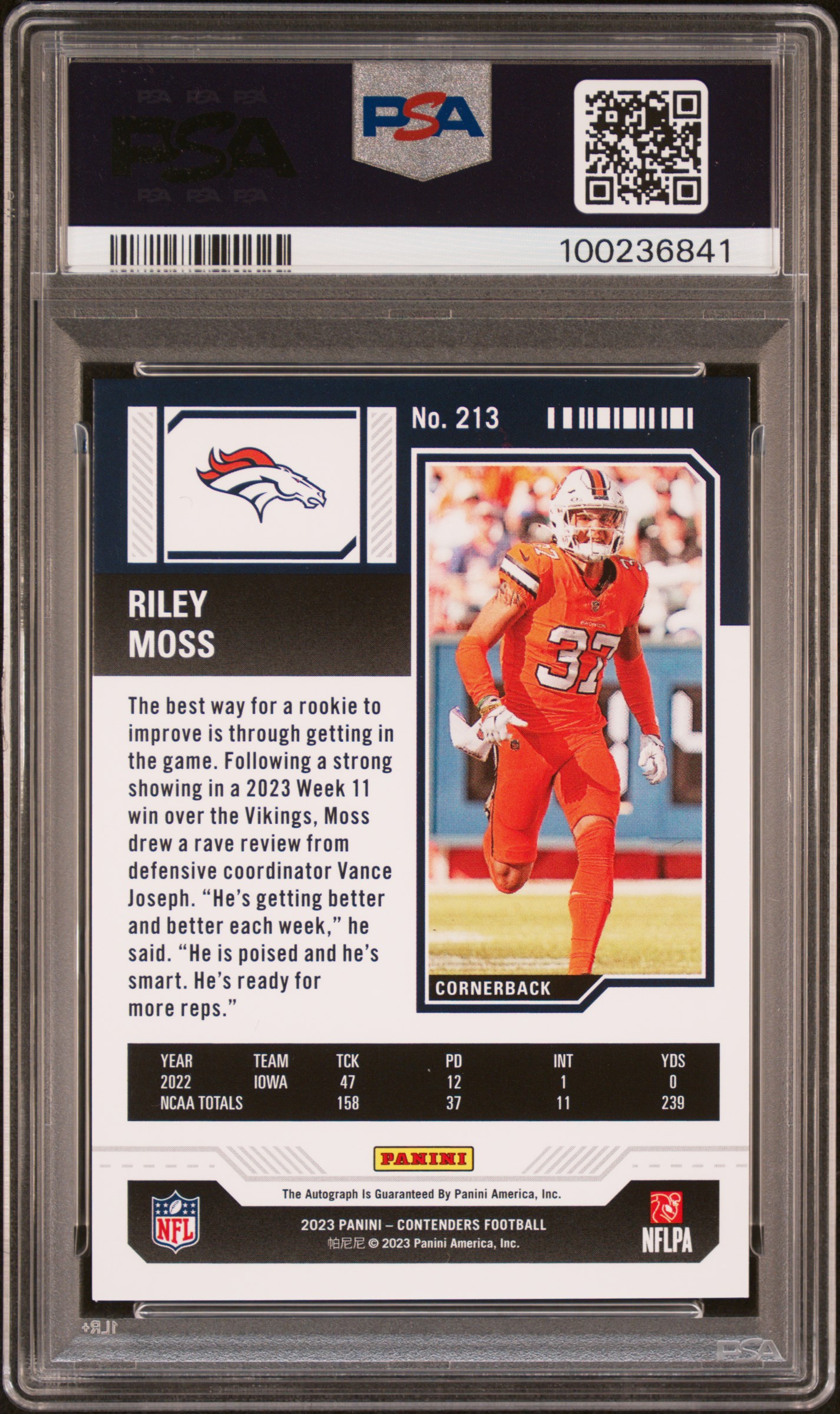 2023 Panini Contenders Riley Moss #213 (Autograph) Mint 9 back