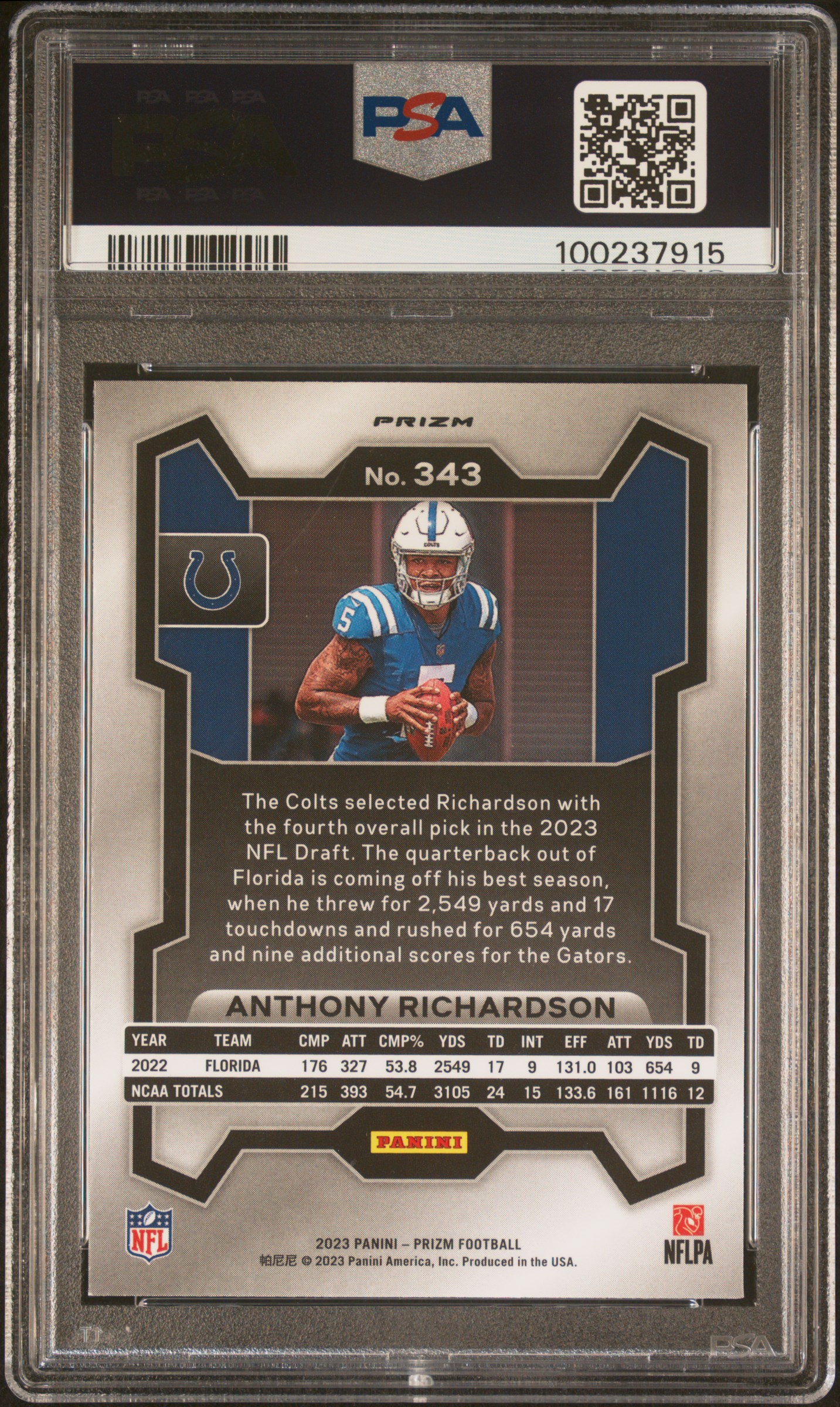 2023 Panini Prizm Anthony Richardson #343 (Lazer Prizm) Mint 9 back