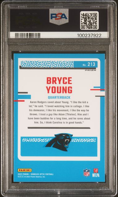 2023 Panini Donruss Optic Bryce Young #213 (Blue Glitter) Gem Mt 10 back