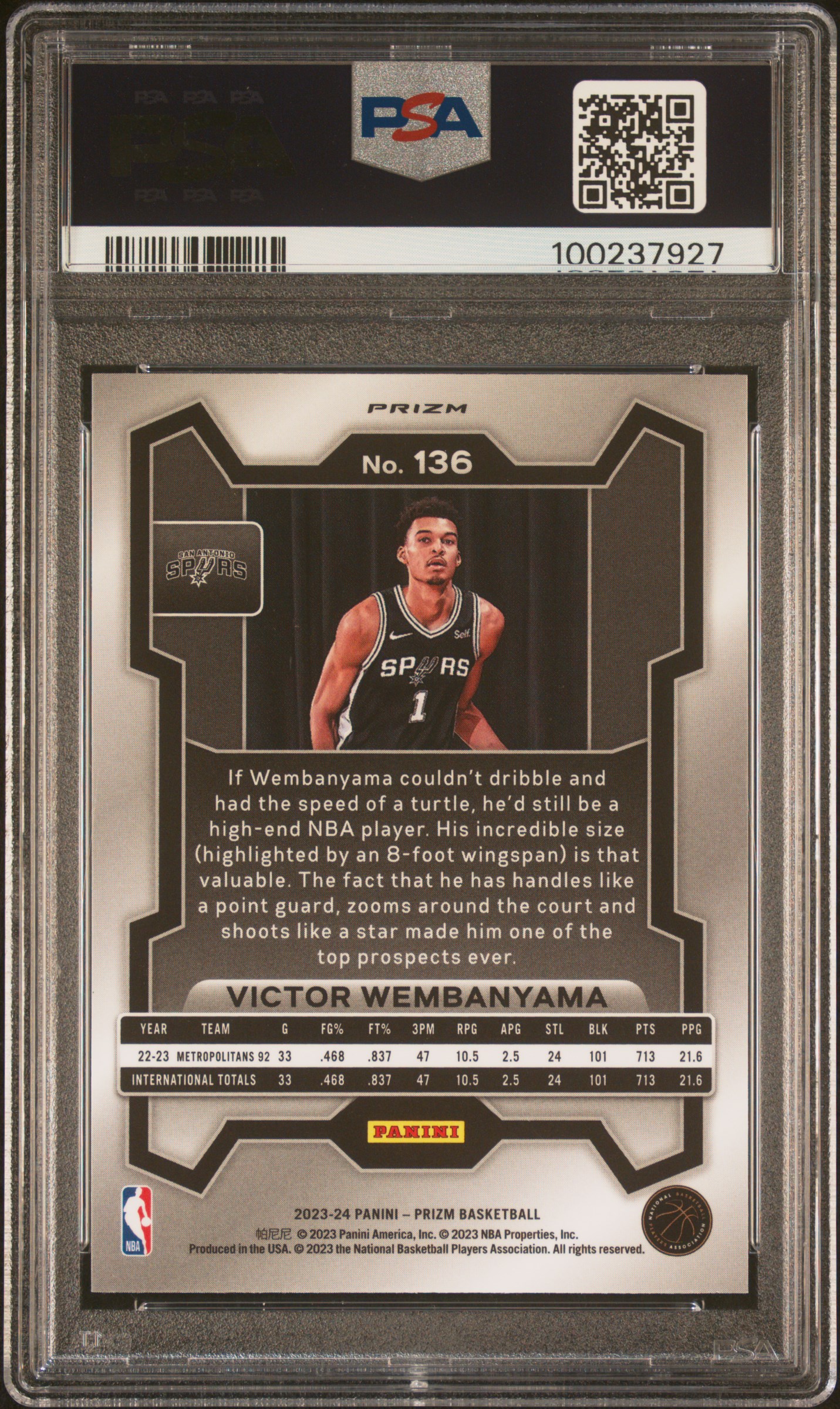 2023 Panini Prizm Victor Wembanyama #136 (Silver Prizm) Mint 9 back