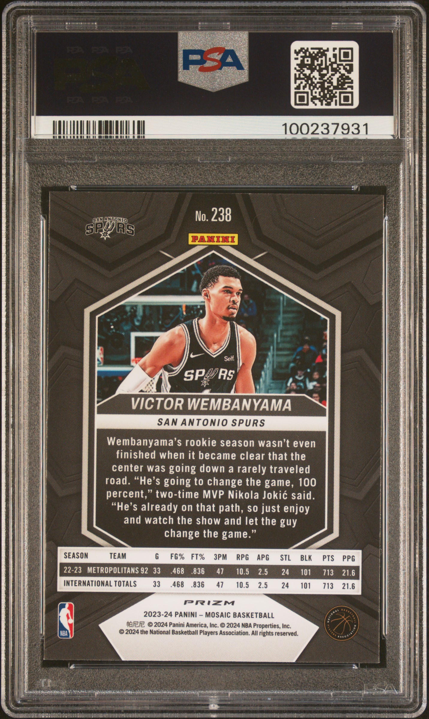 2023 Panini Mosaic Victor Wembanyama #238 (Silver) Mint 9 back