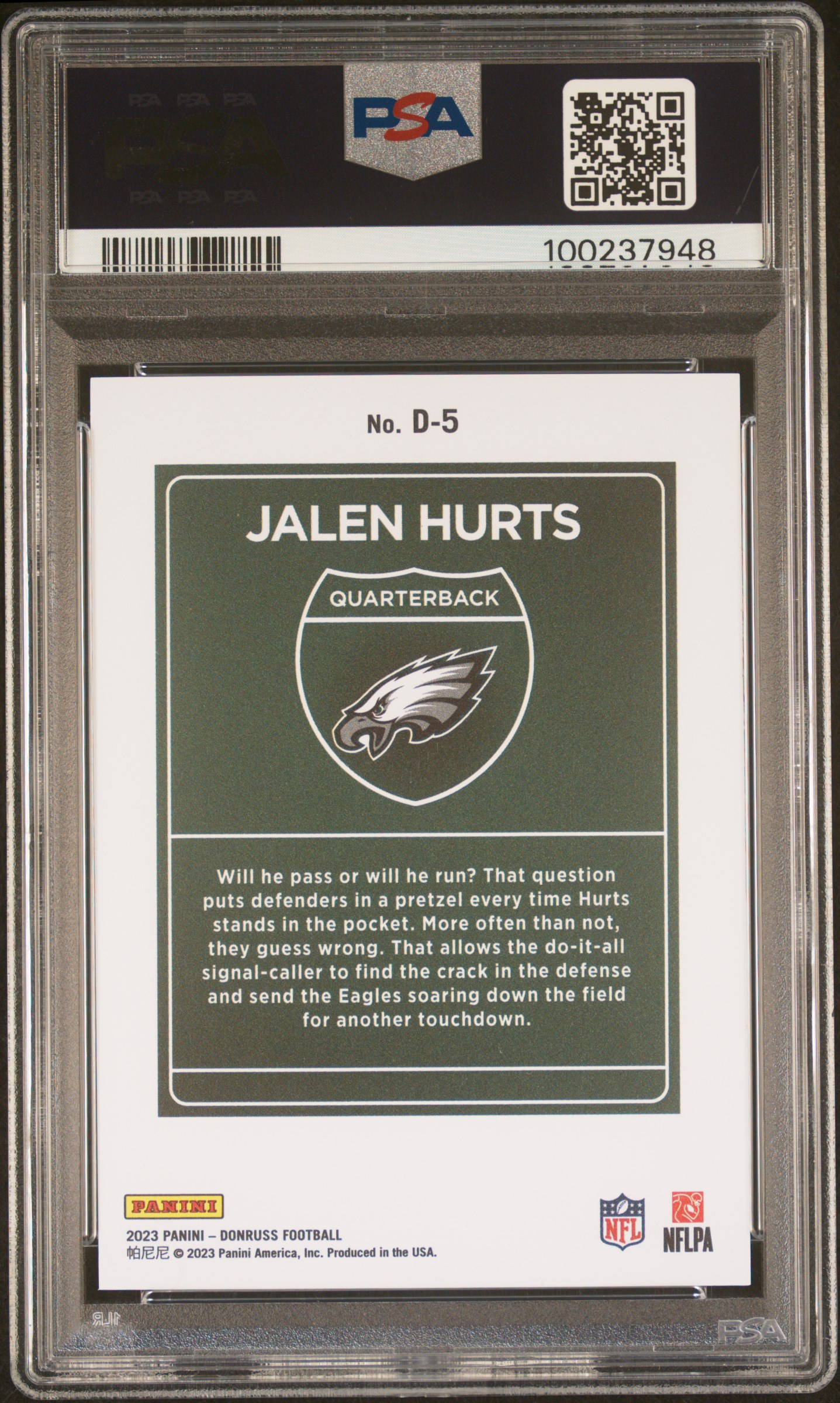 2023 Panini Donruss Downtown! Jalen Hurts #D5 Mint 9 back