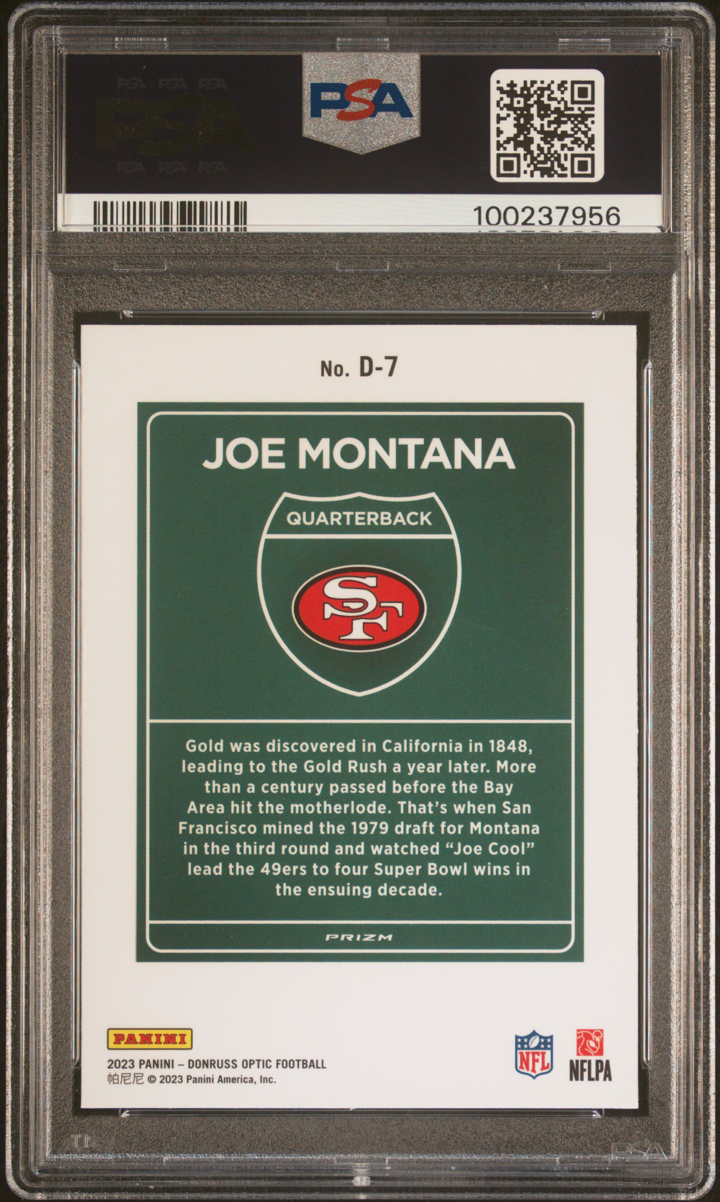 2023 Panini Donruss Optic Downtown! Joe Montana #D7 Mint 9 back