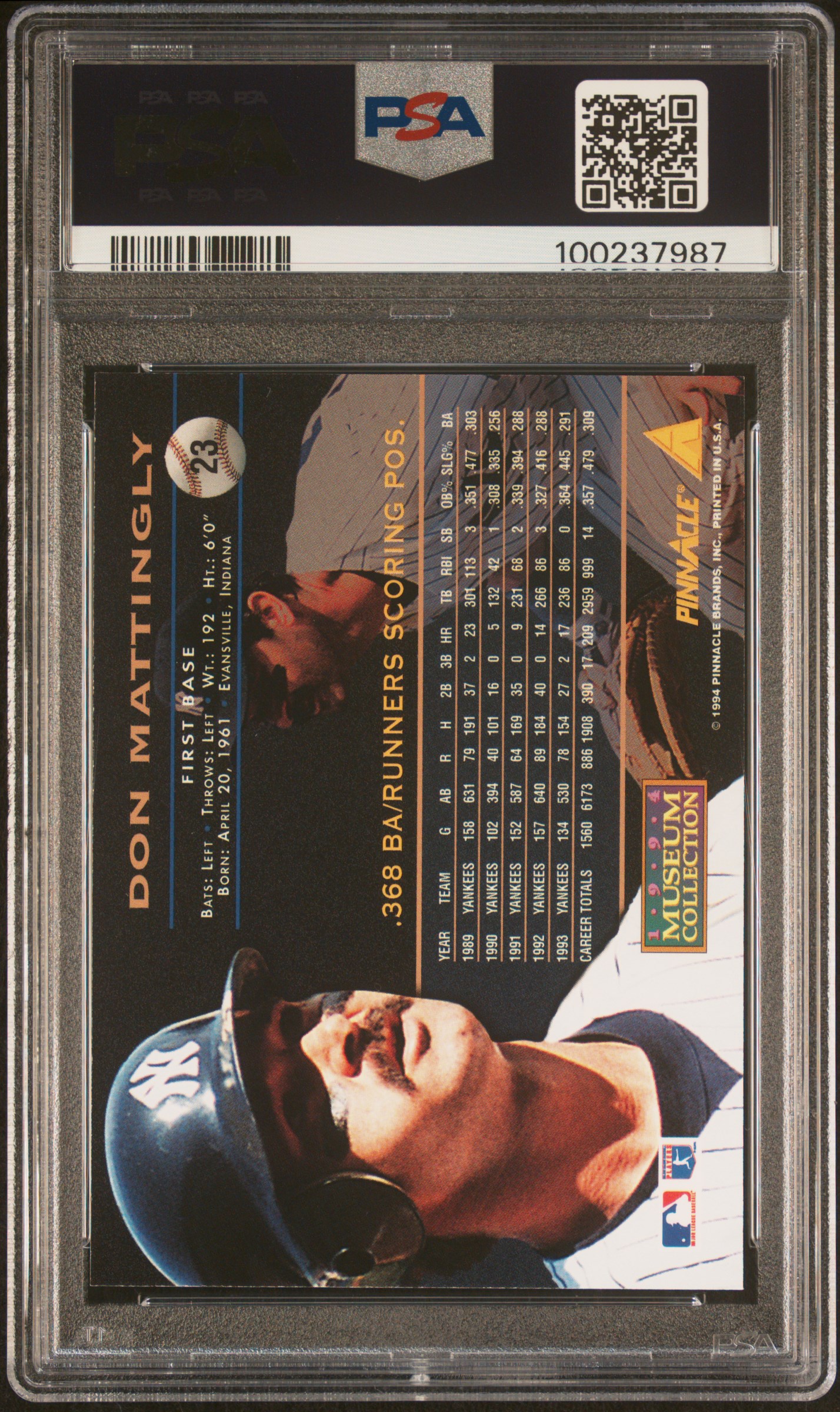 1994 Pinnacle Museum Collection Don Mattingly #23 (Museum Collection) Mint 9 back