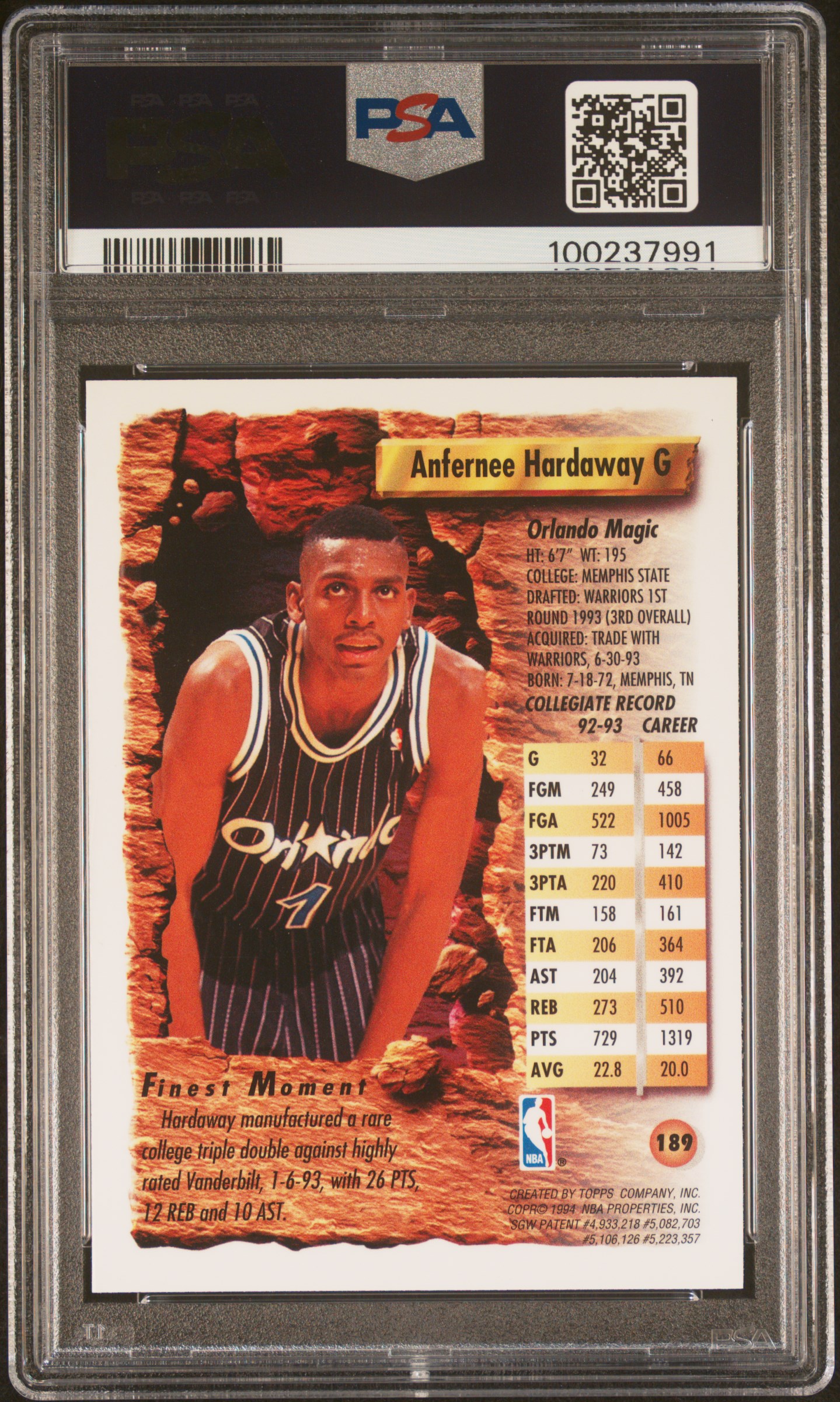 1993 Finest Anfernee Hardaway #189 Nm-Mt 8 back