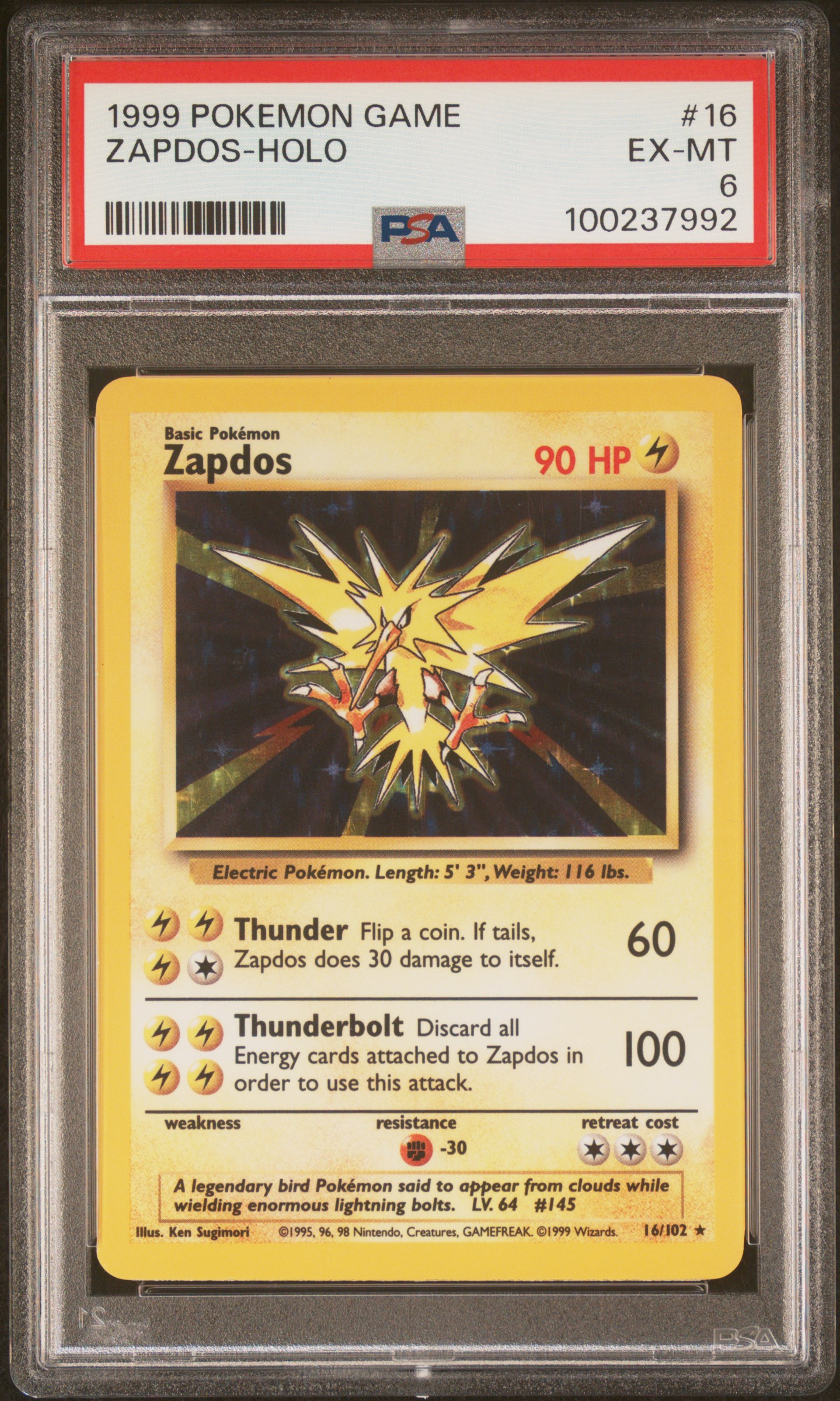 1999 Pokemon Game Zapdos-Holo #16 Ex-Mt 6 front