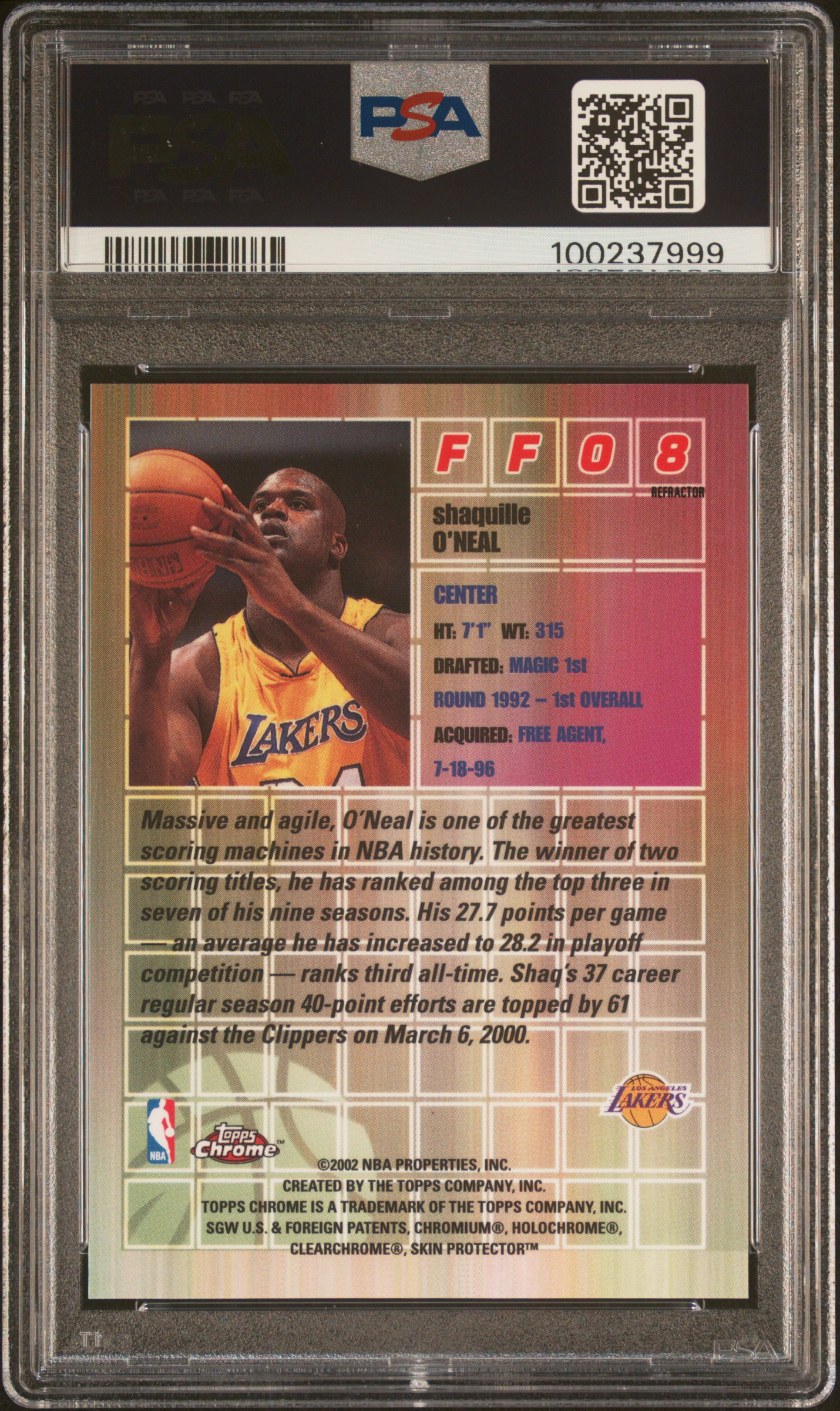 2001 Topps Chrome Fast & Furious Shaquille O'neal #Ff08 (Fast & Furious-Refractor) Mint 9 back
