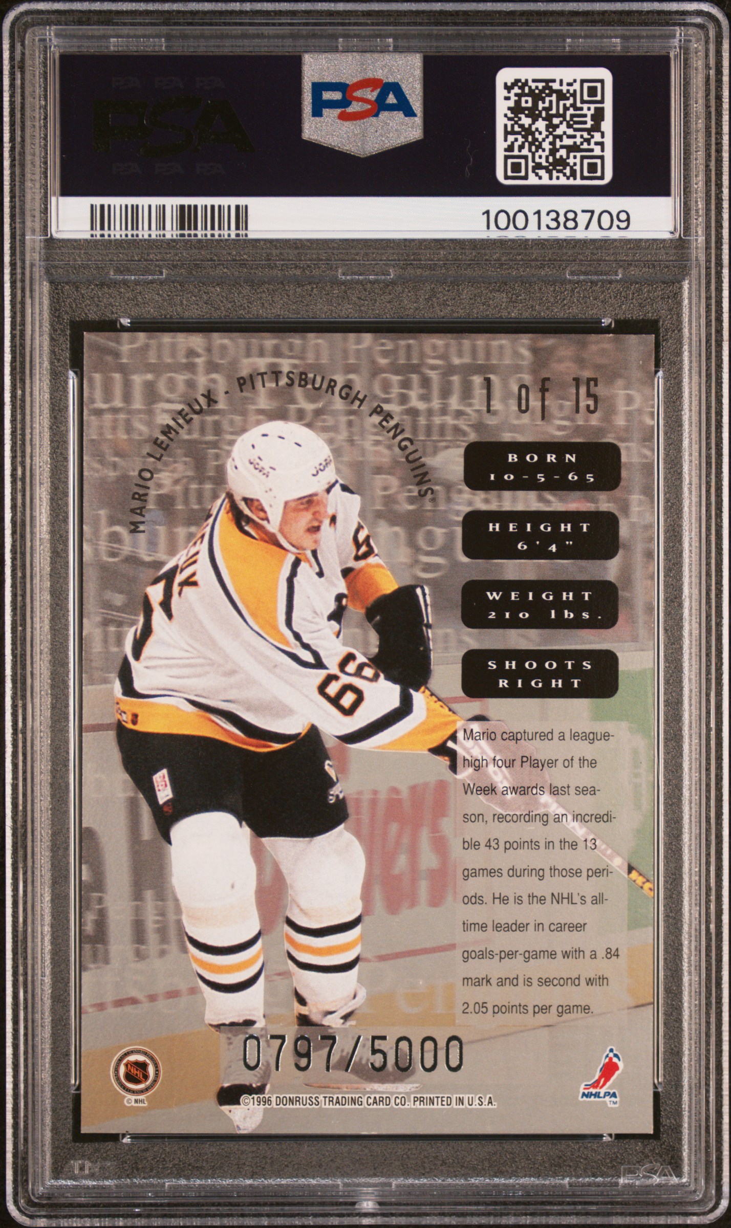 1996 Leaf Sweaters Away Mario Lemieux #1 Nm-Mt 8 back