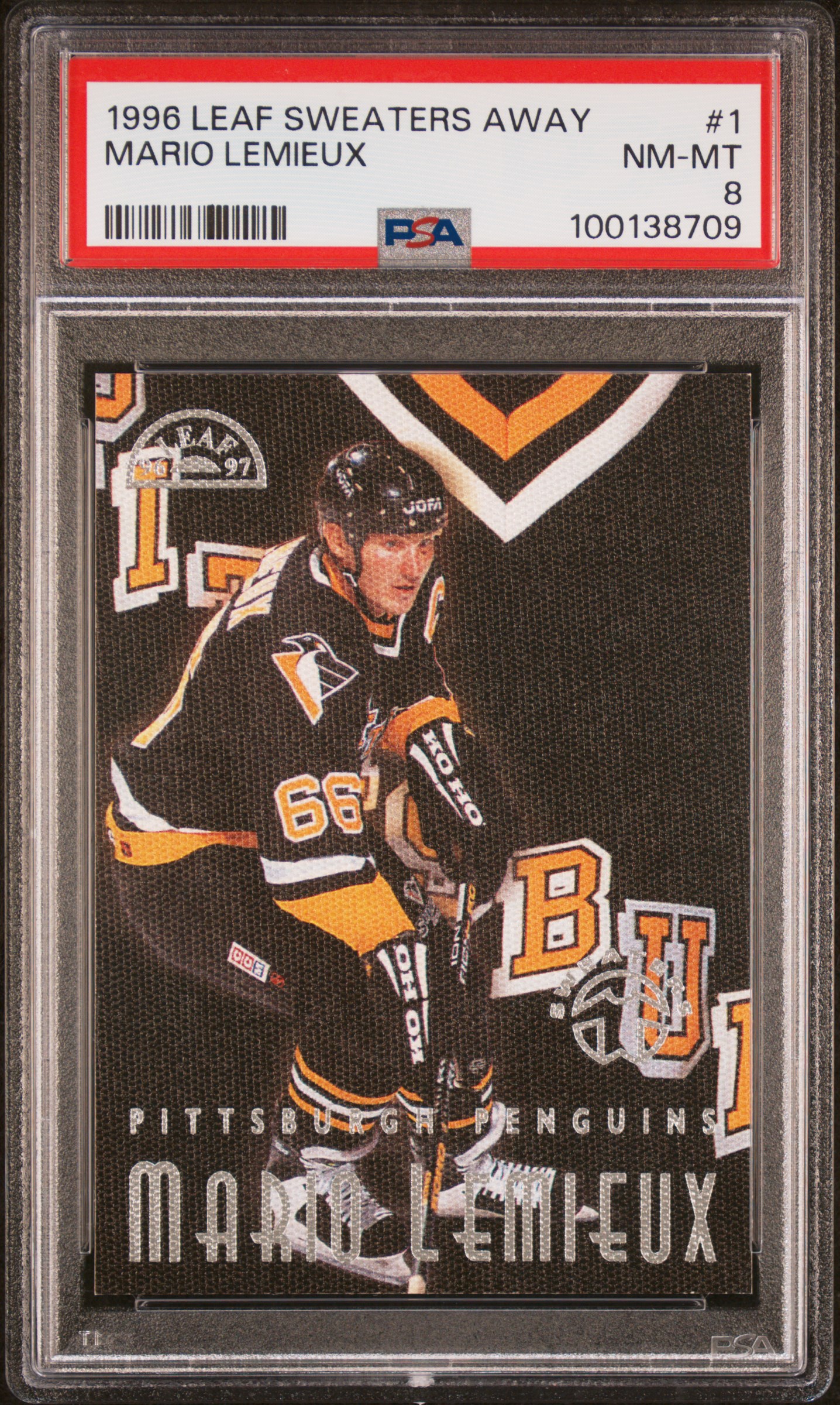 1996 Leaf Sweaters Away Mario Lemieux #1 Nm-Mt 8 front