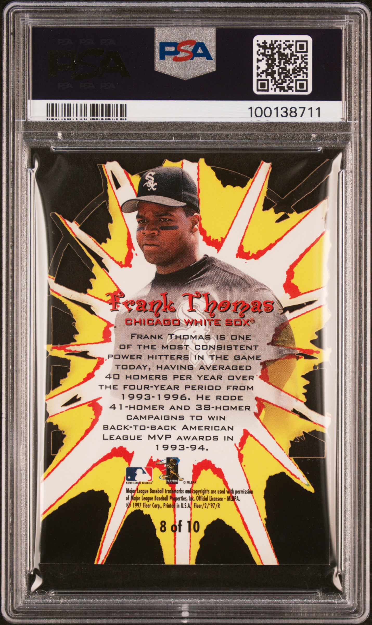 1997 Fleer Bleacher Blasters Frank Thomas #8 (Bleacher Blasters) Mint 9 back