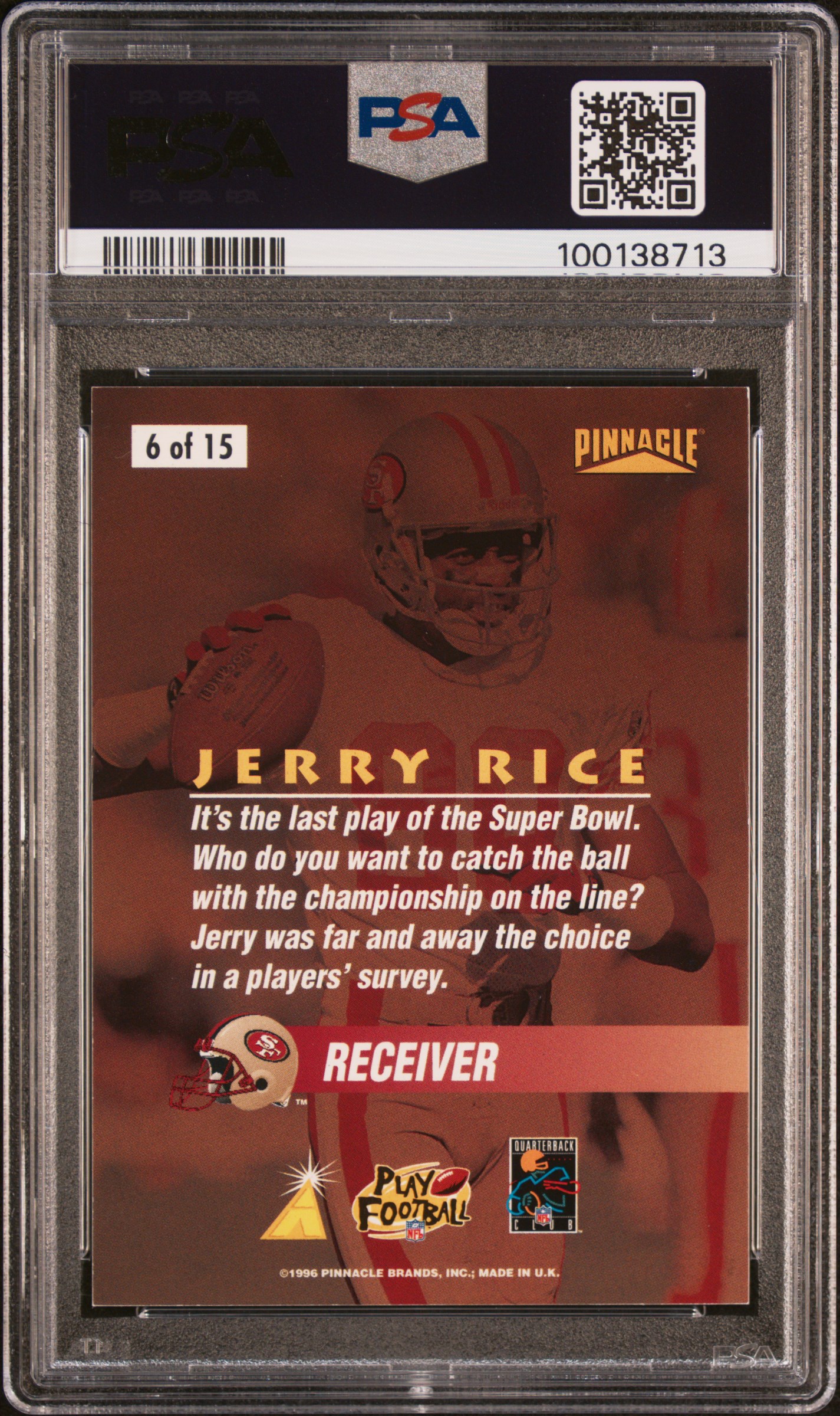 1996 Pinnacle On The Line Jerry Rice #6 (On The Line) Nm-Mt 8 back