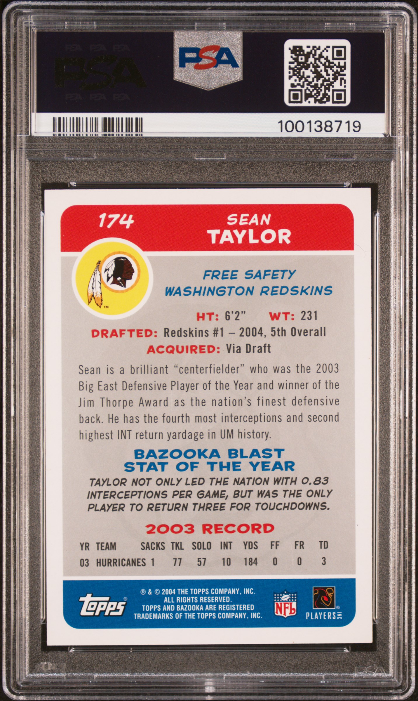 2004 Bazooka Sean Taylor #174 Nm-Mt 8 back