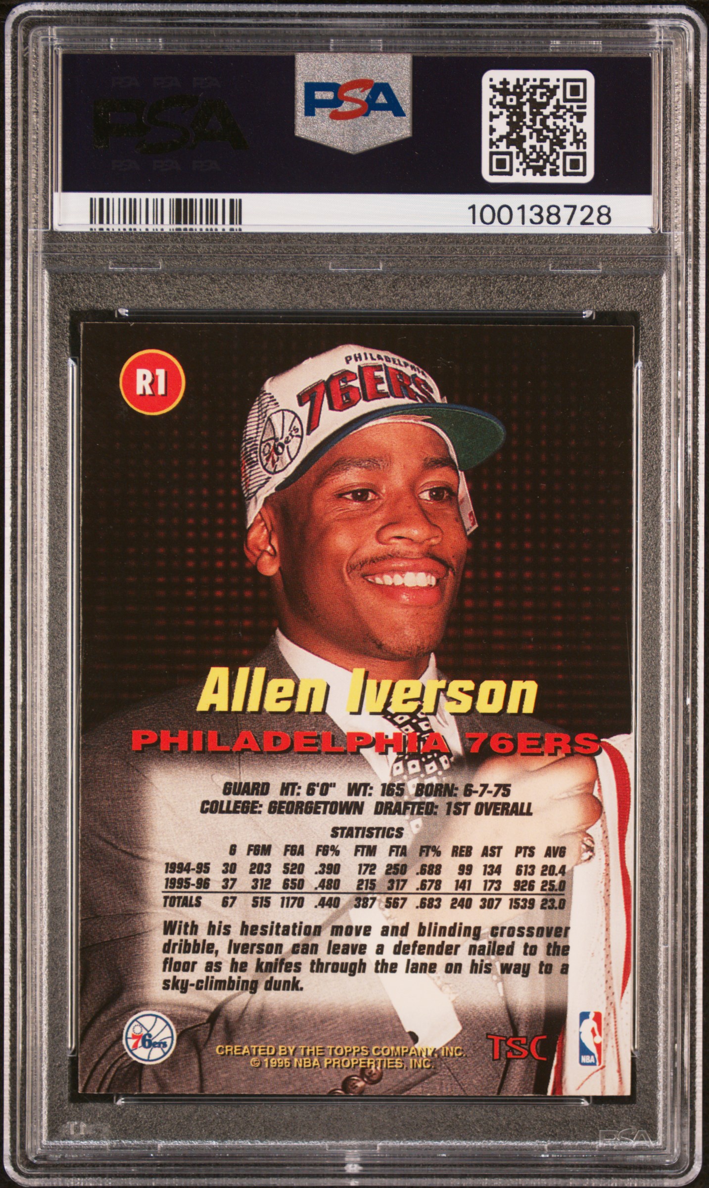 1996 Stadium Club Rookies 1 Allen Iverson #R1 (Rookies 1) Mint 9 back