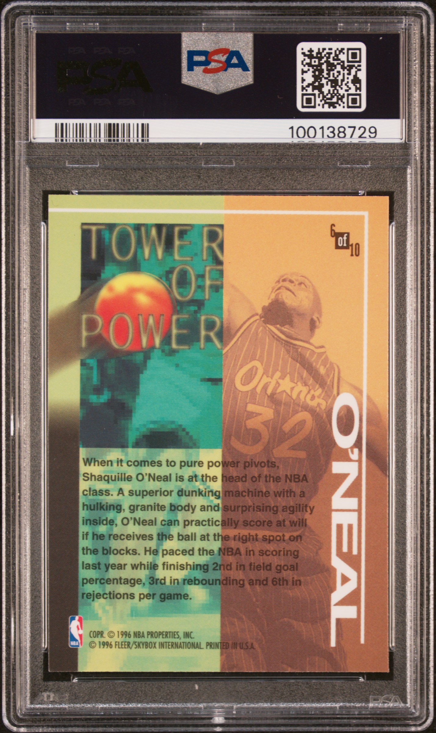 1995 Fleer Tower Of Power Shaquille O'neal #6 (Tower Of Power) Mint 9 back