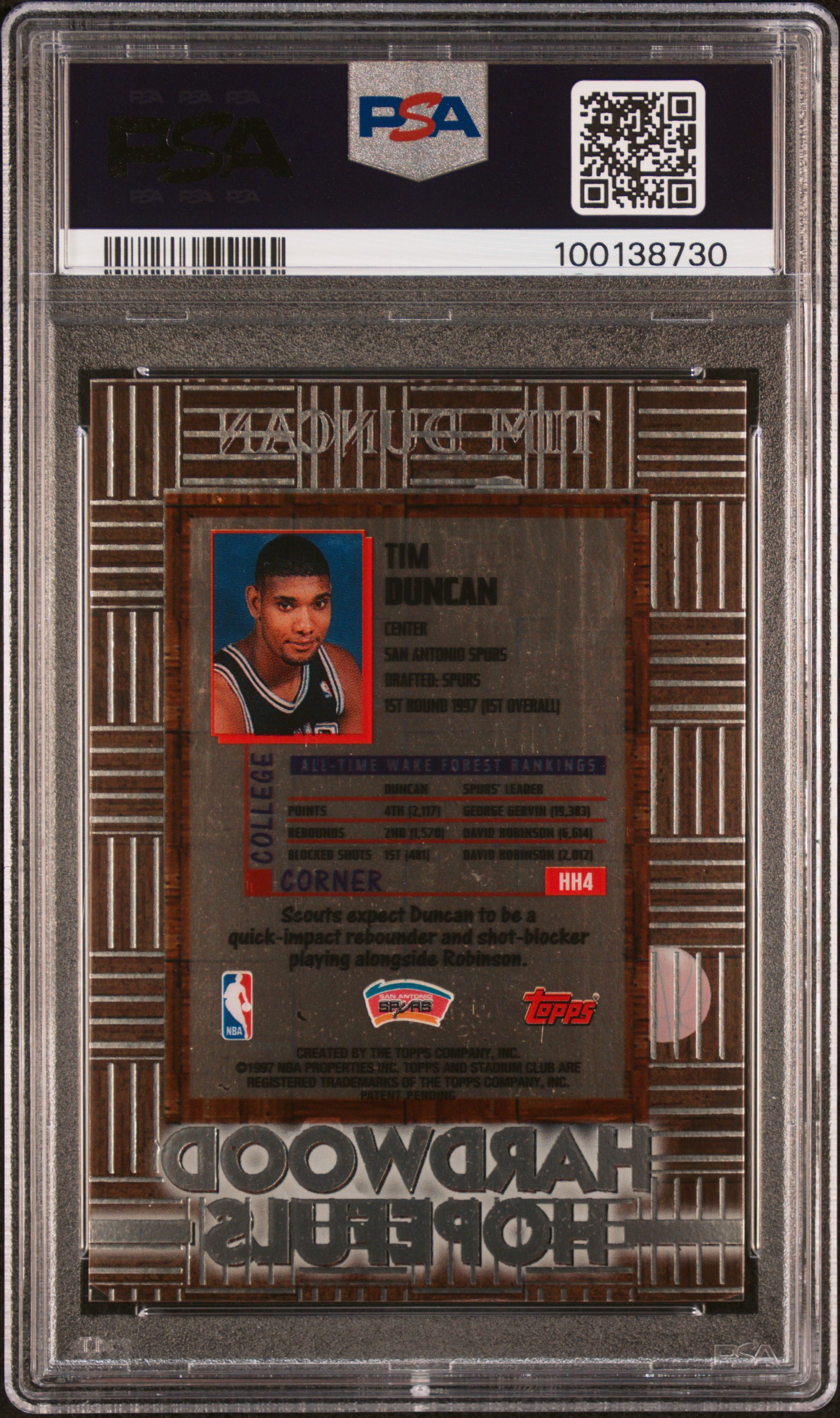 1997 Stadium Club Hardwood Hopefuls Tim Duncan #Hh4 (Hardwood Hopefuls) Nm 7 back