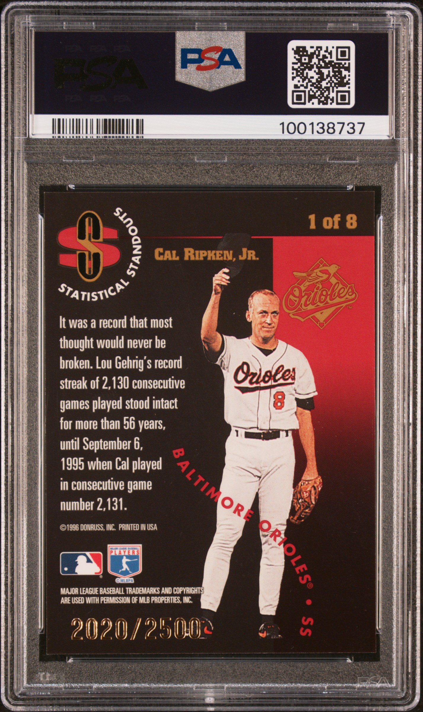 1996 Leaf Statistical Standouts Cal Ripken Jr. #1 (Statistical Standouts) Mint 9 back