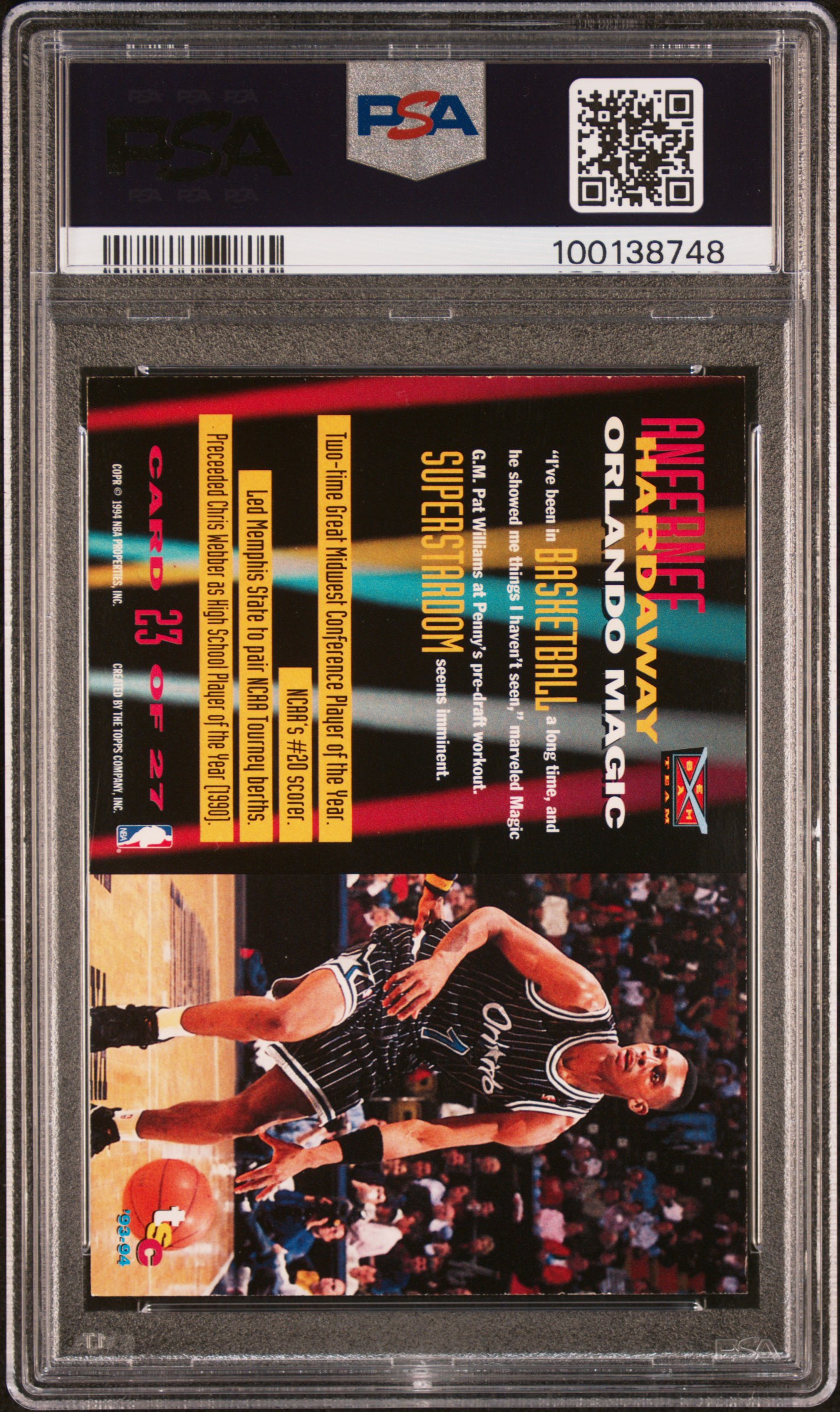 1993 Stadium Club Beam Team Anfernee Hardaway #23 (Beam Team-Members Only) Nm 7 back