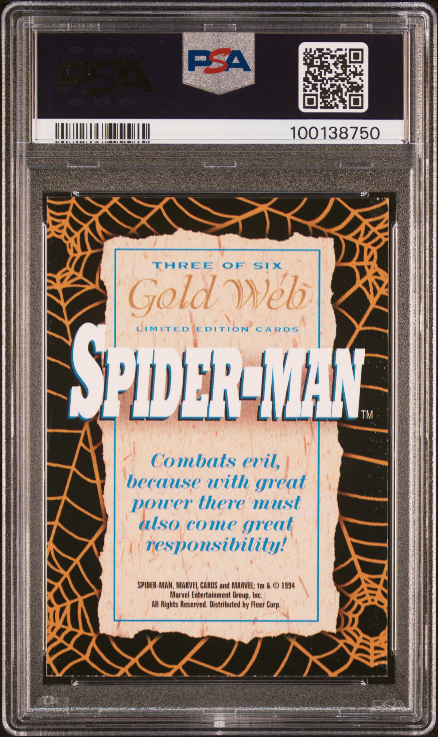 1994 Fleer The Amazing Spider-Man Gold-Web Foils Spider-Man #3 (Spider-Man Gold-Wb.foils) Nm-Mt 8 back