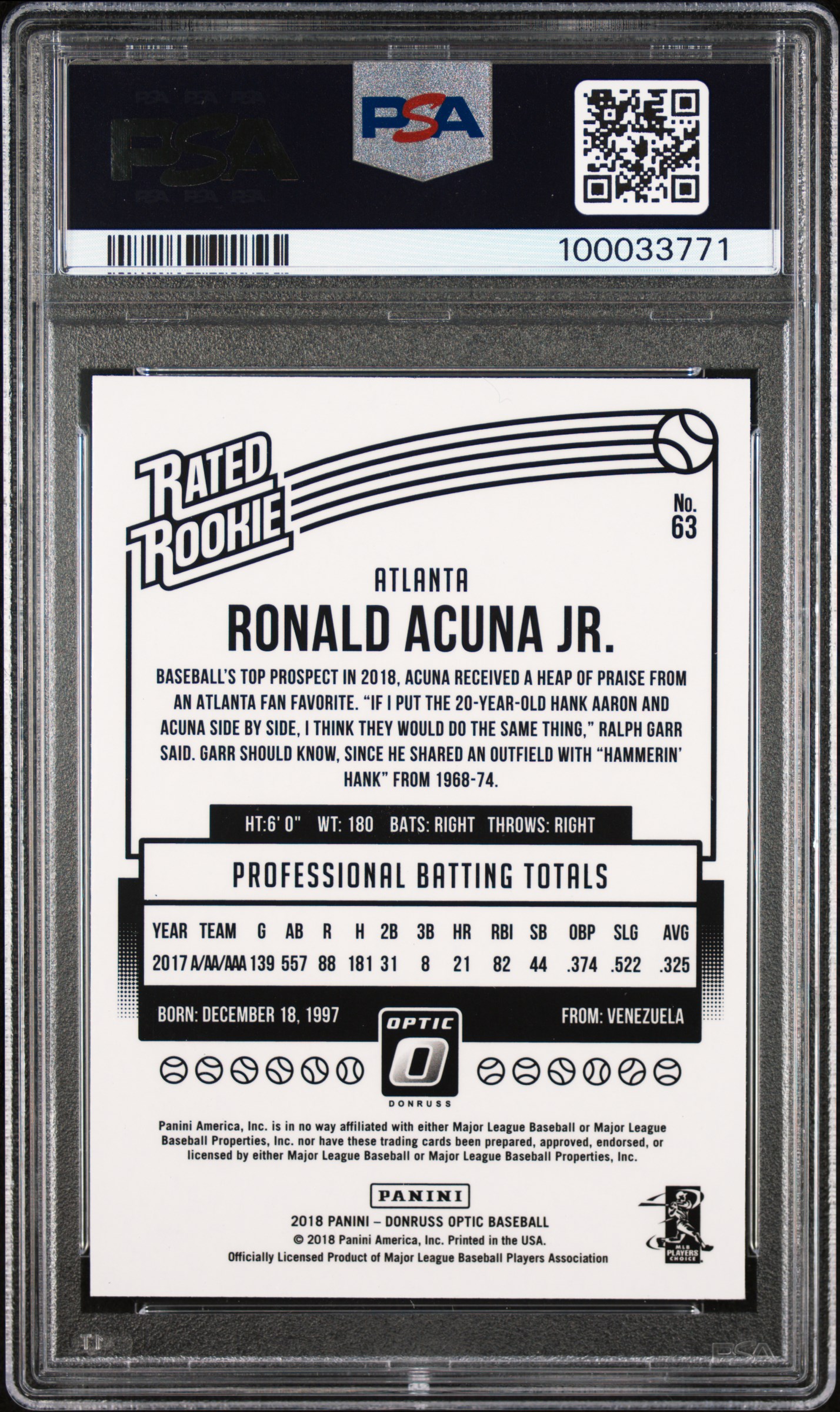 2018 Panini Donruss Optic Ronald Acuna Jr. #63 Mint 9 back