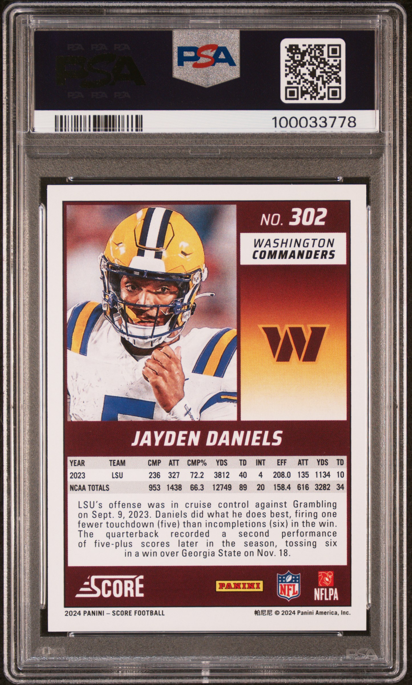 2024 Panini Score Jayden Daniels #302 Gem Mt 10 back