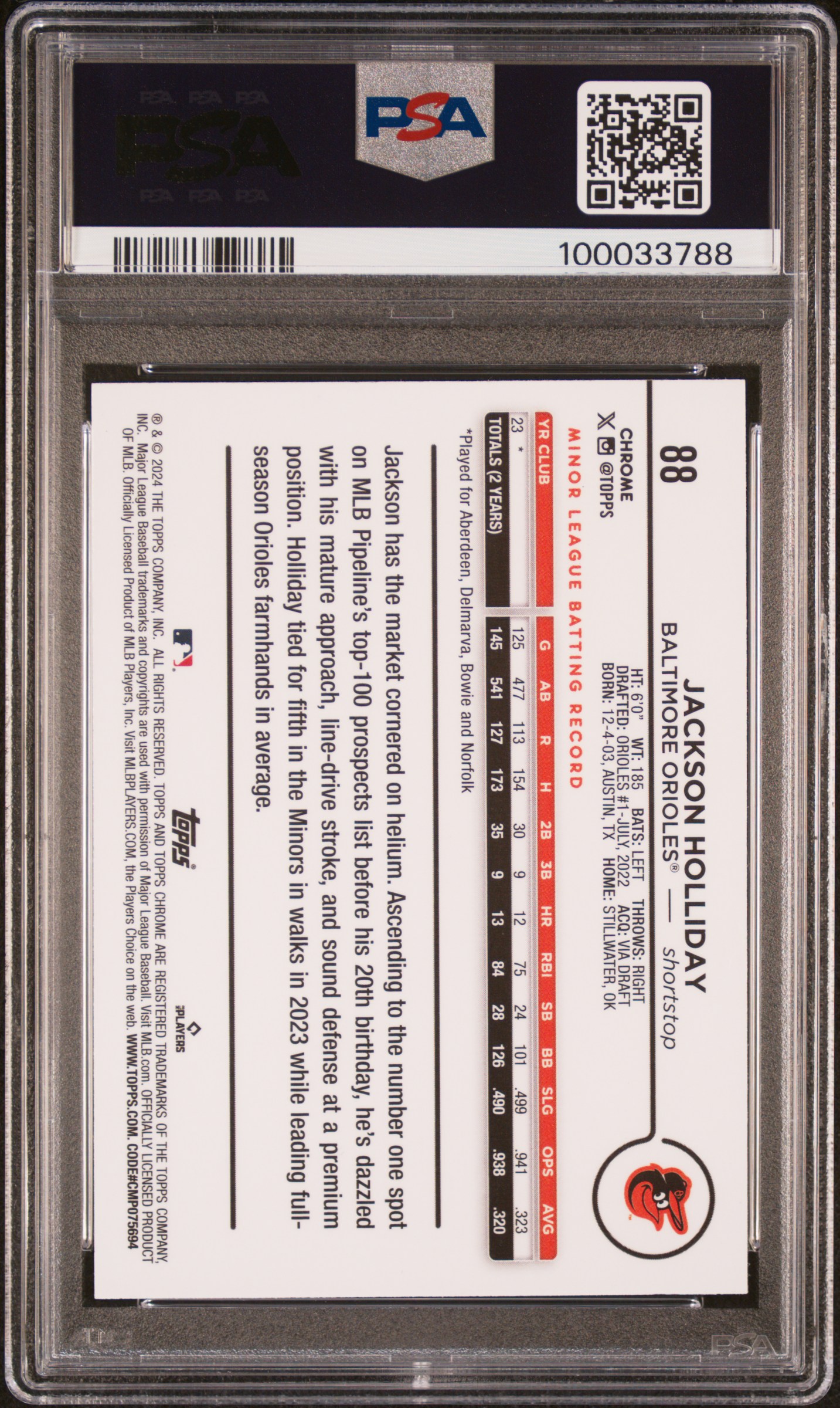 2024 Topps Chrome Jackson Holliday #88 (X-Fractor) Gem Mt 10 back