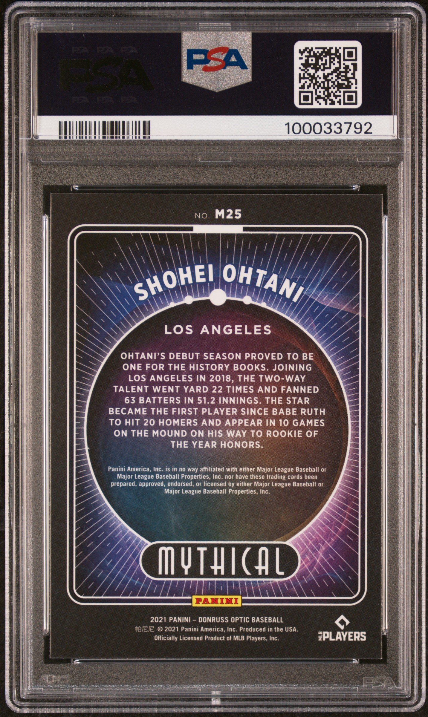 2021 Panini Donruss Optic Mythical Shohei Ohtani #M25 (Mythical) Gem Mt 10 back