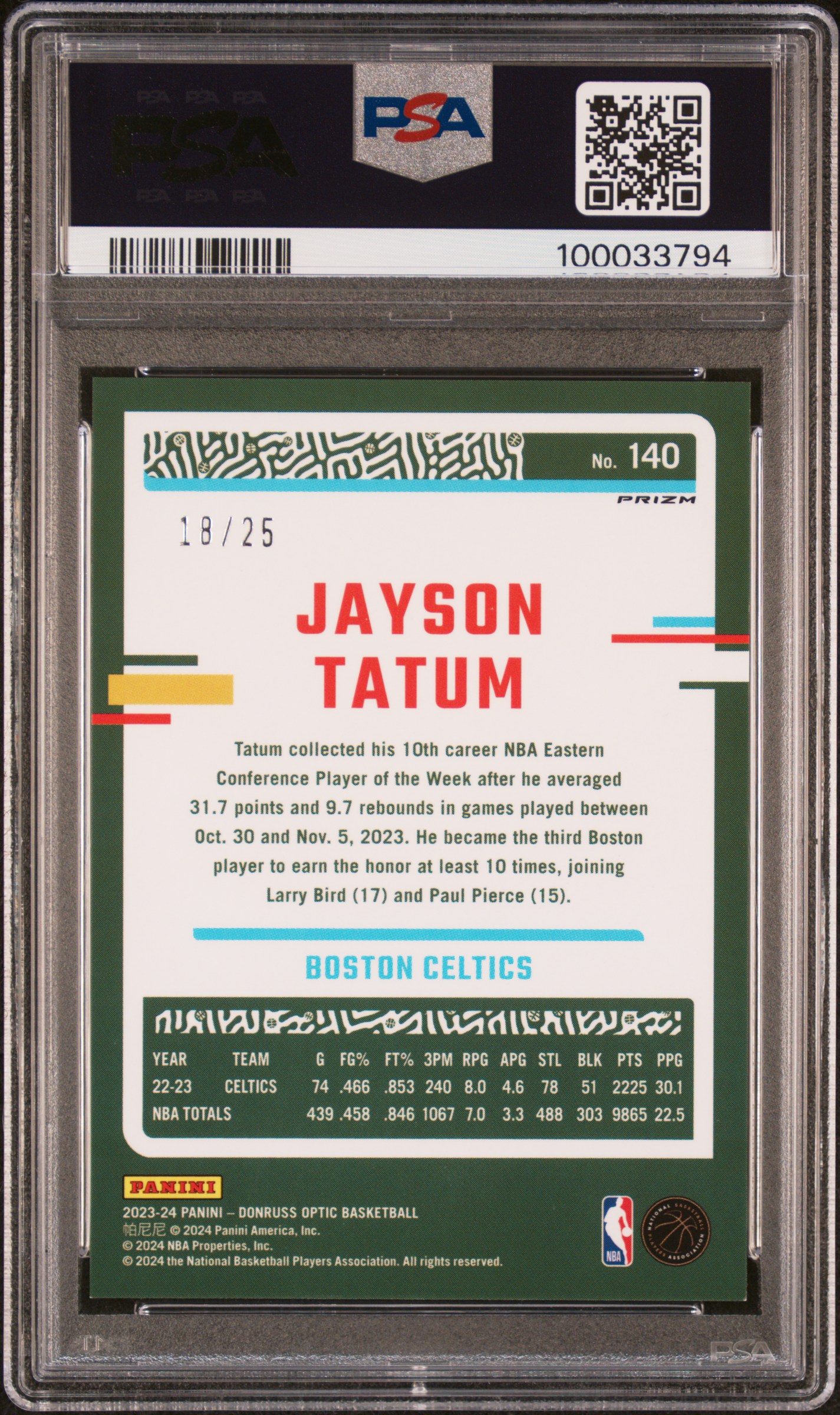 2023 Panini Donruss Optic Jayson Tatum #140 (Pink) Gem Mt 10 back