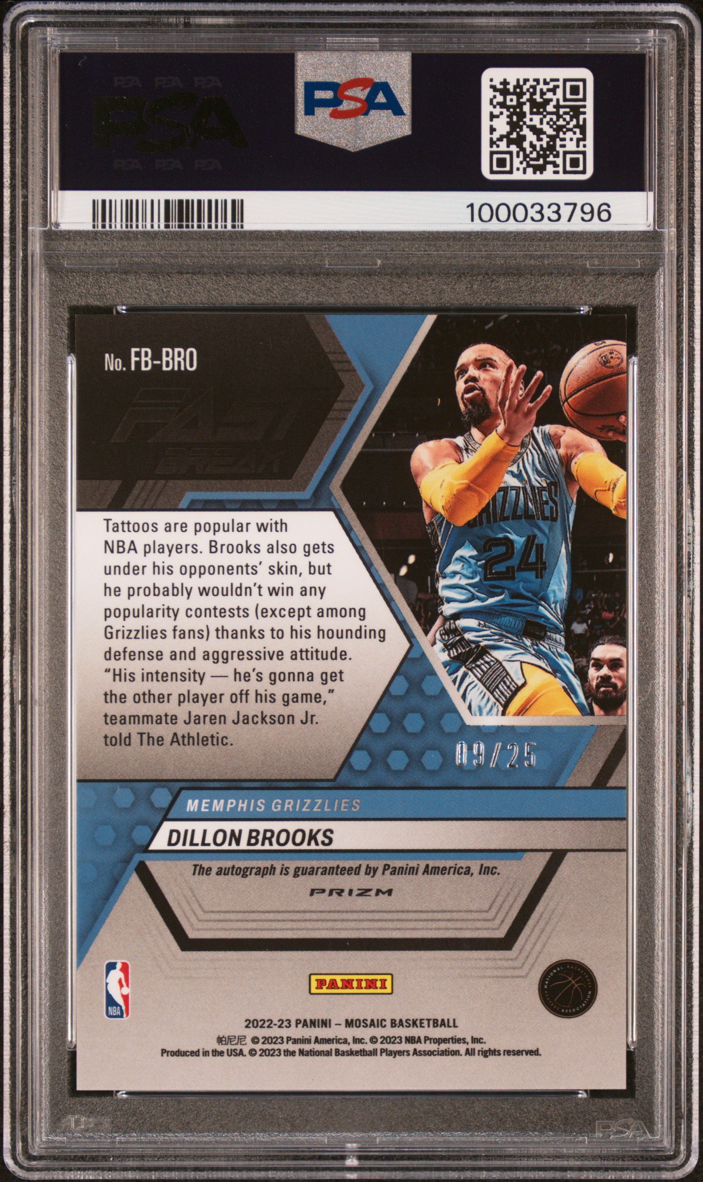 2022 Panini Mosaic Autographs Fast Break Dillon Brooks #Fbbro (Auto Fast Break-Blue) Gem Mt 10 back