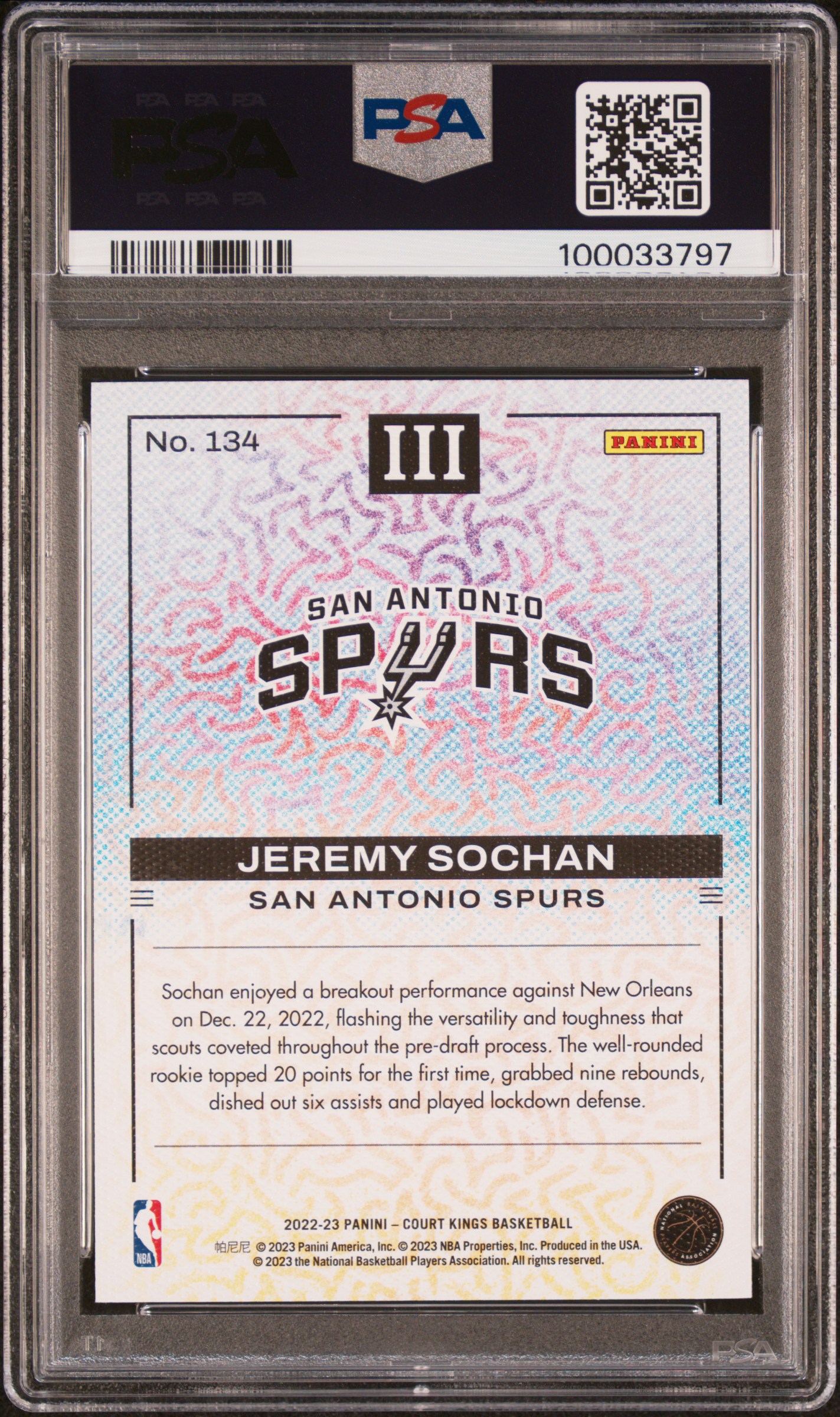 2022 Panini Court Kings Jeremy Sochan #134 Mint 9 back