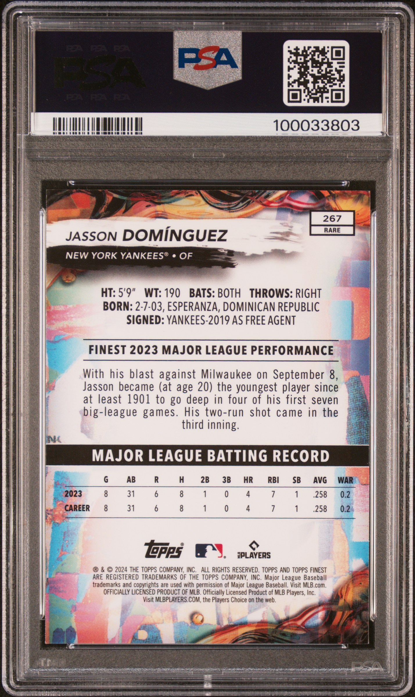 2024 Topps Finest Jasson Dominguez #267 Gem Mt 10 back