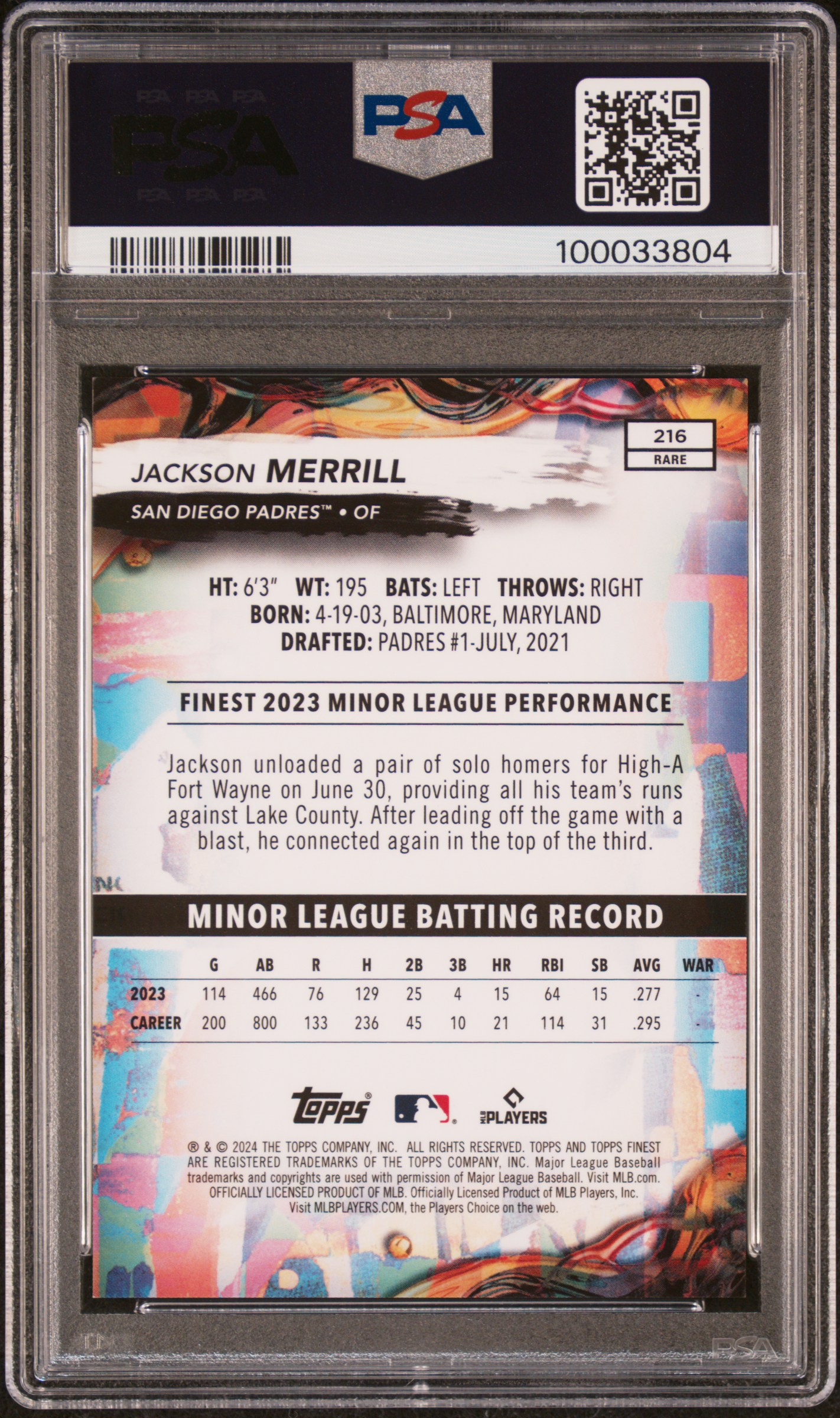 2024 Topps Finest Jackson Merrill #216 (Purple Refractor) Gem Mt 10 back