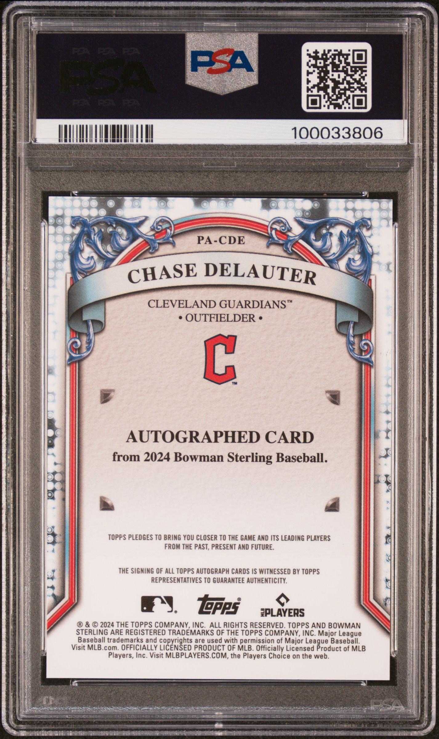 2024 Bowman Sterling Prospect Autographs Chase Delauter #Pacde Gem Mt 10 back
