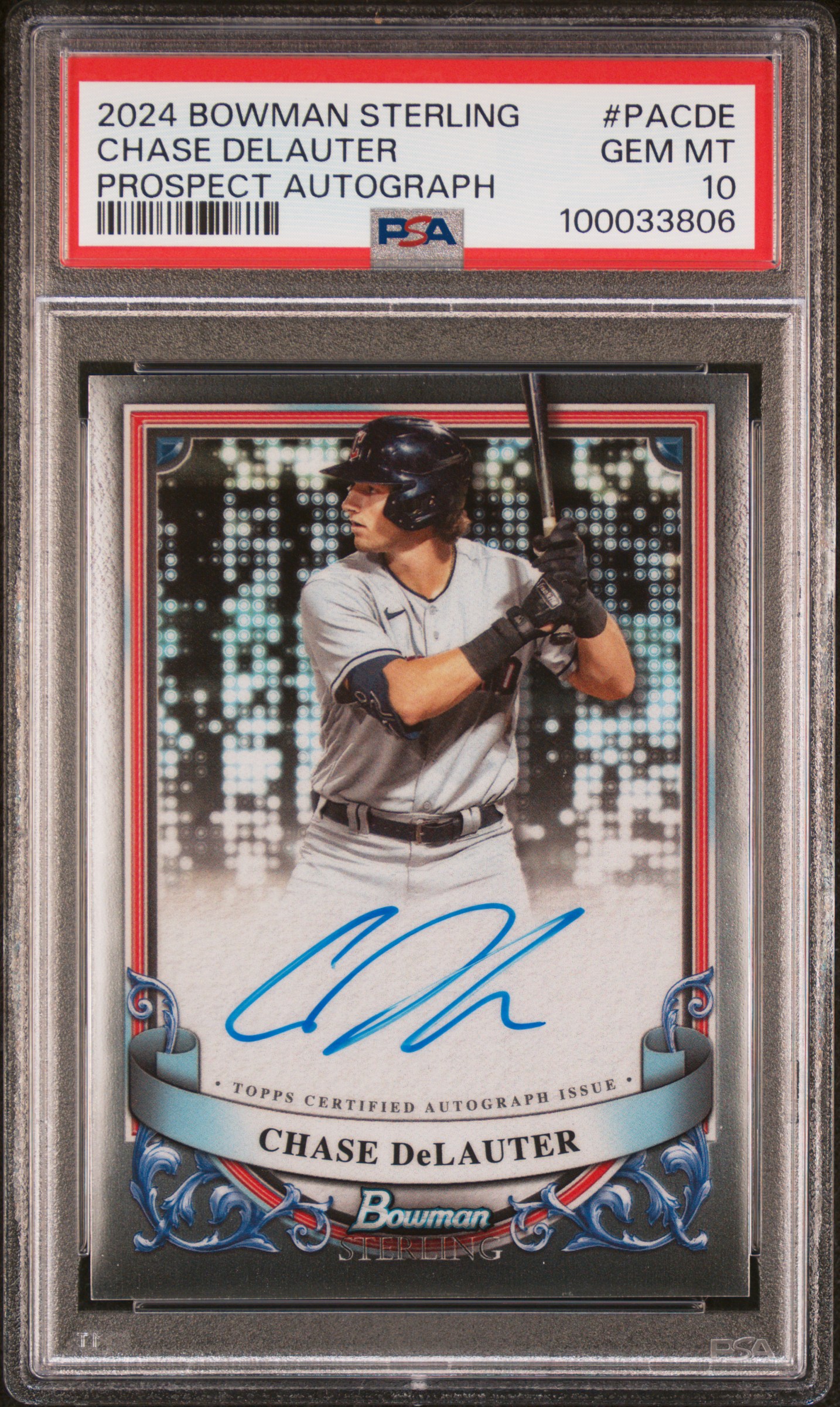 2024 Bowman Sterling Prospect Autographs Chase Delauter #Pacde Gem Mt 10 front