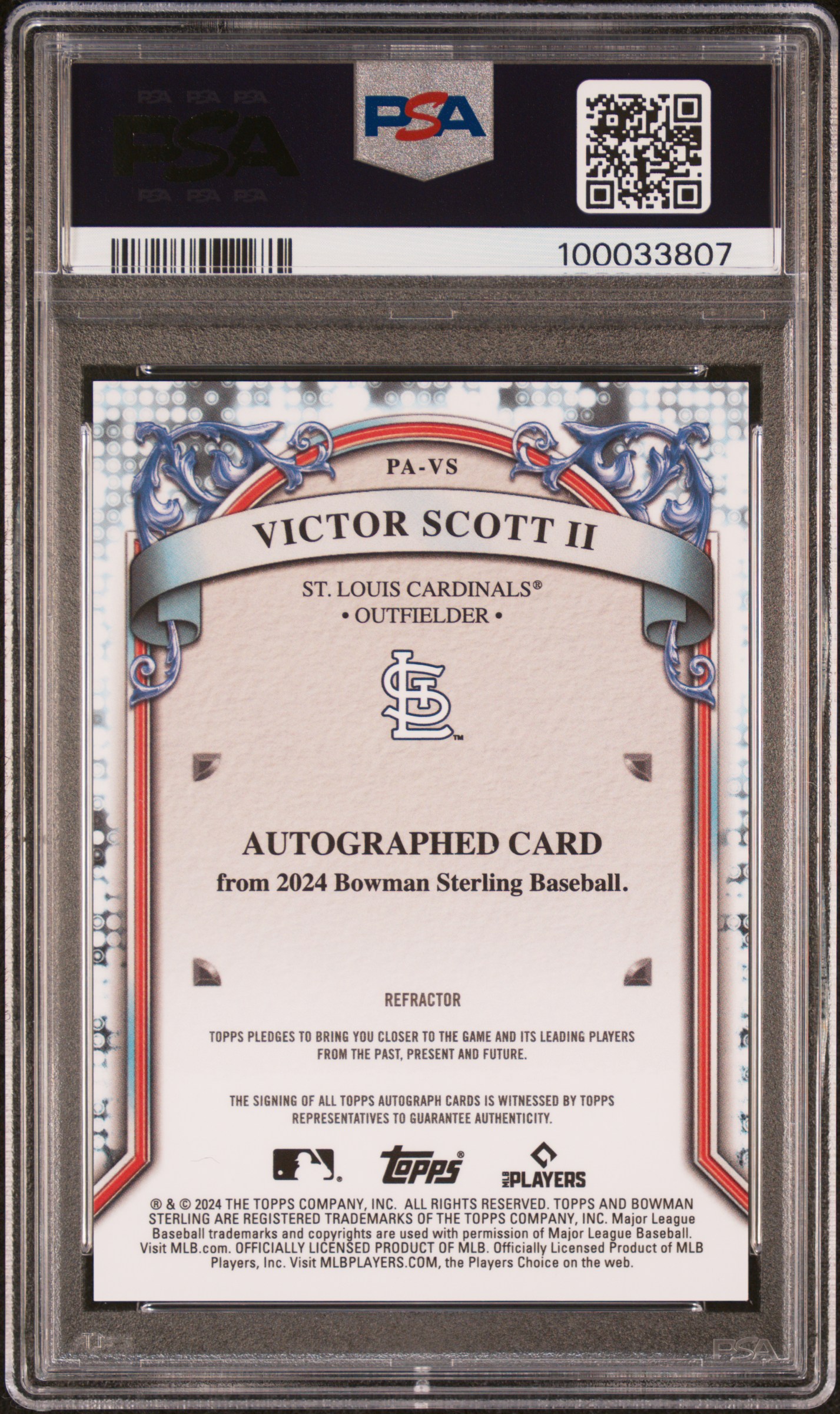 2024 Bowman Sterling Prospect Autographs Victor Scott Ii #Pavs (Prospect Auto-Refractor) Gem Mt 10 back