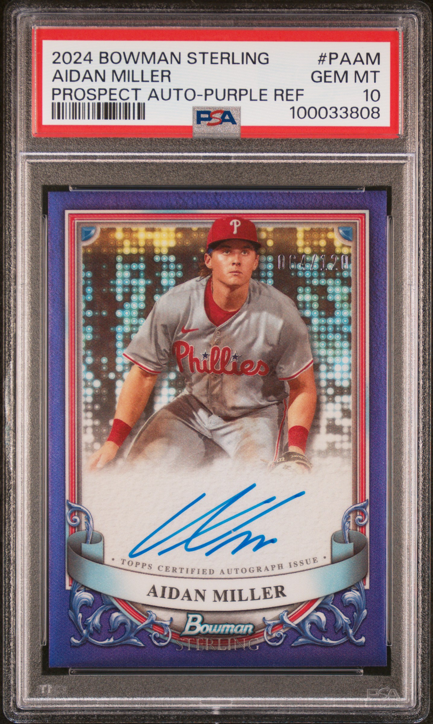 2024 Bowman Sterling Prospect Autographs Aidan Miller #Paam (Prospect Auto-Purple Ref) Gem Mt 10 front
