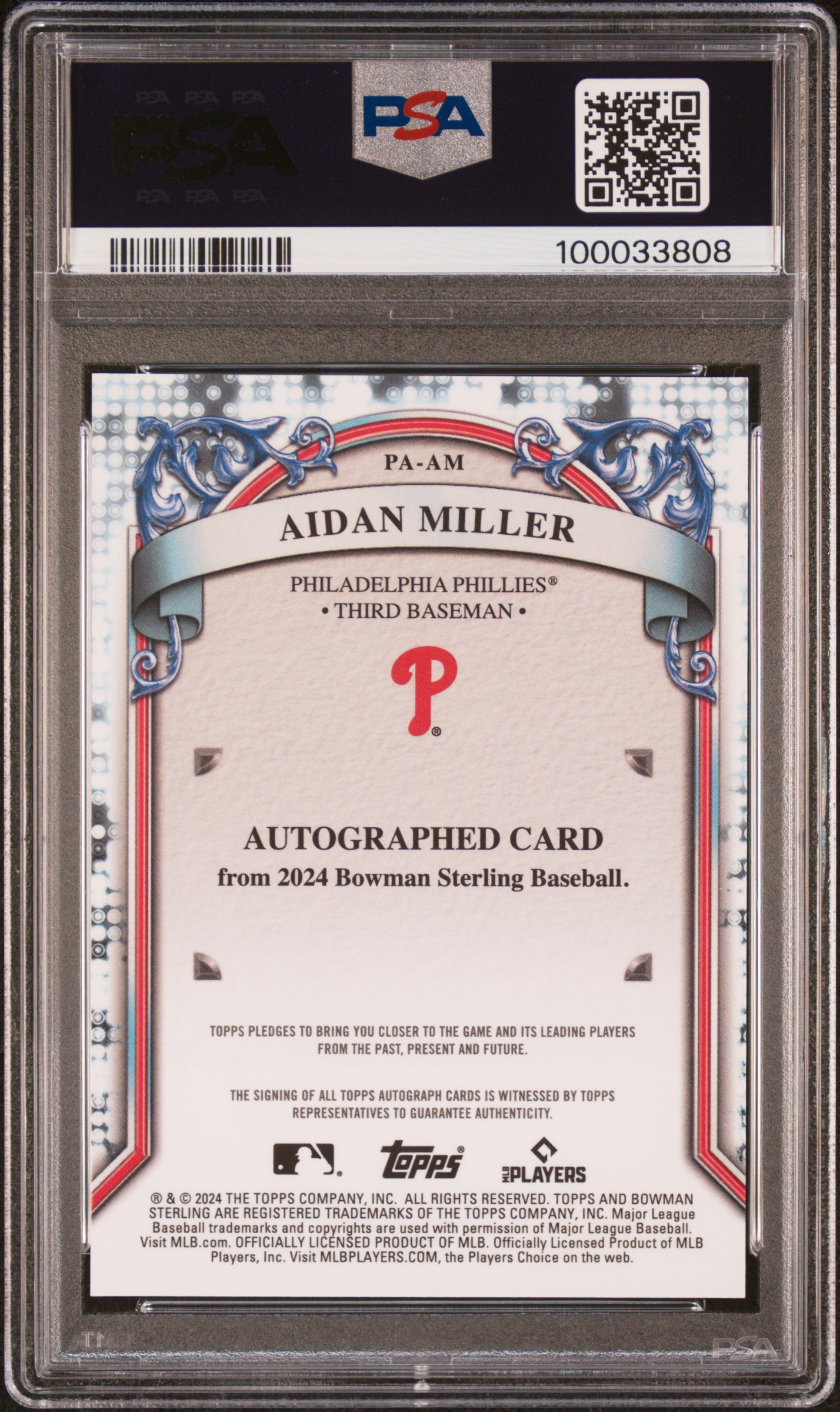 2024 Bowman Sterling Prospect Autographs Aidan Miller #Paam (Prospect Auto-Purple Ref) Gem Mt 10 back