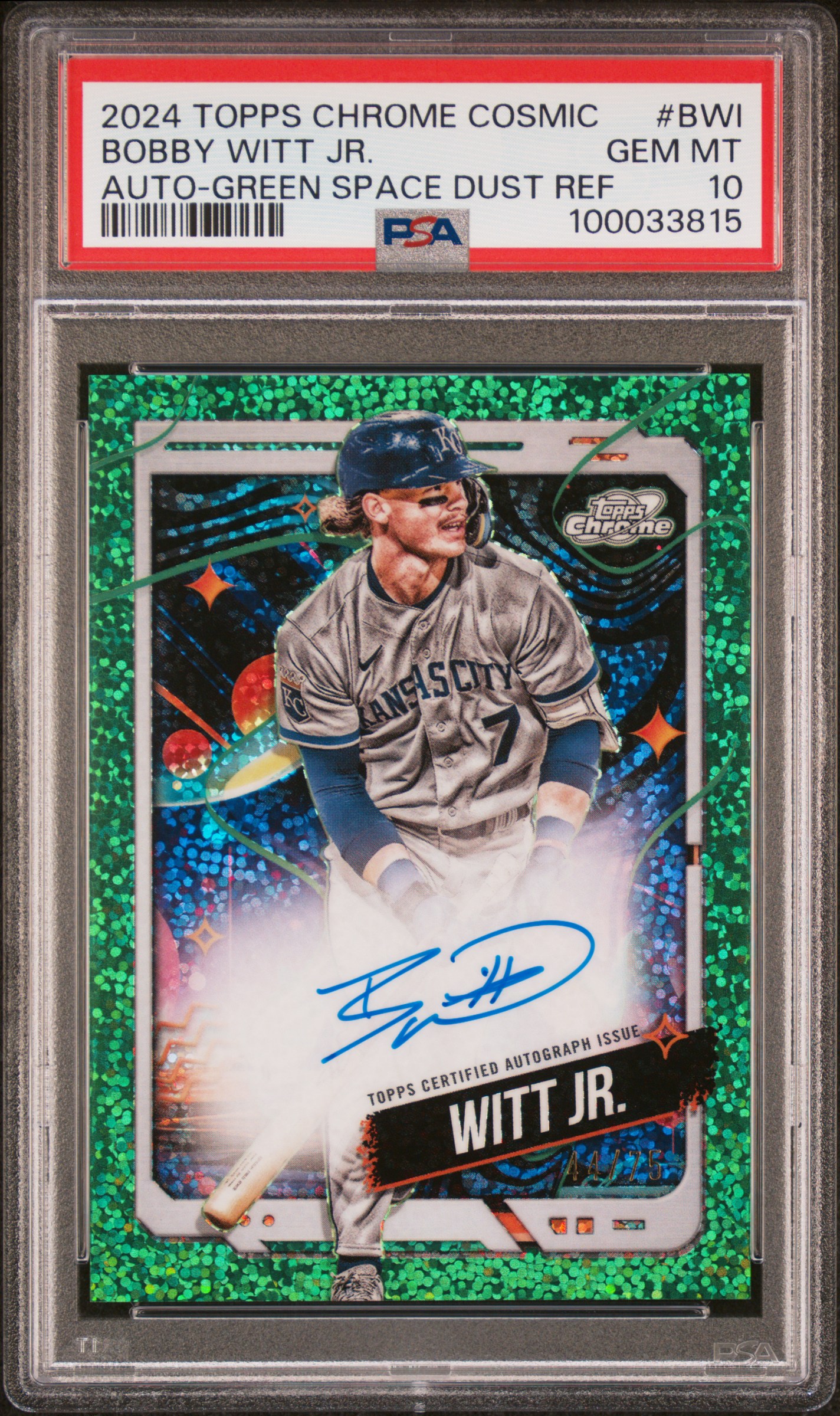 2024 Topps Chrome Cosmic Cosmic Chrome Autographs Bobby Witt Jr. #Bwi (Auto-Green Space Dust Ref) Gem Mt 10 front