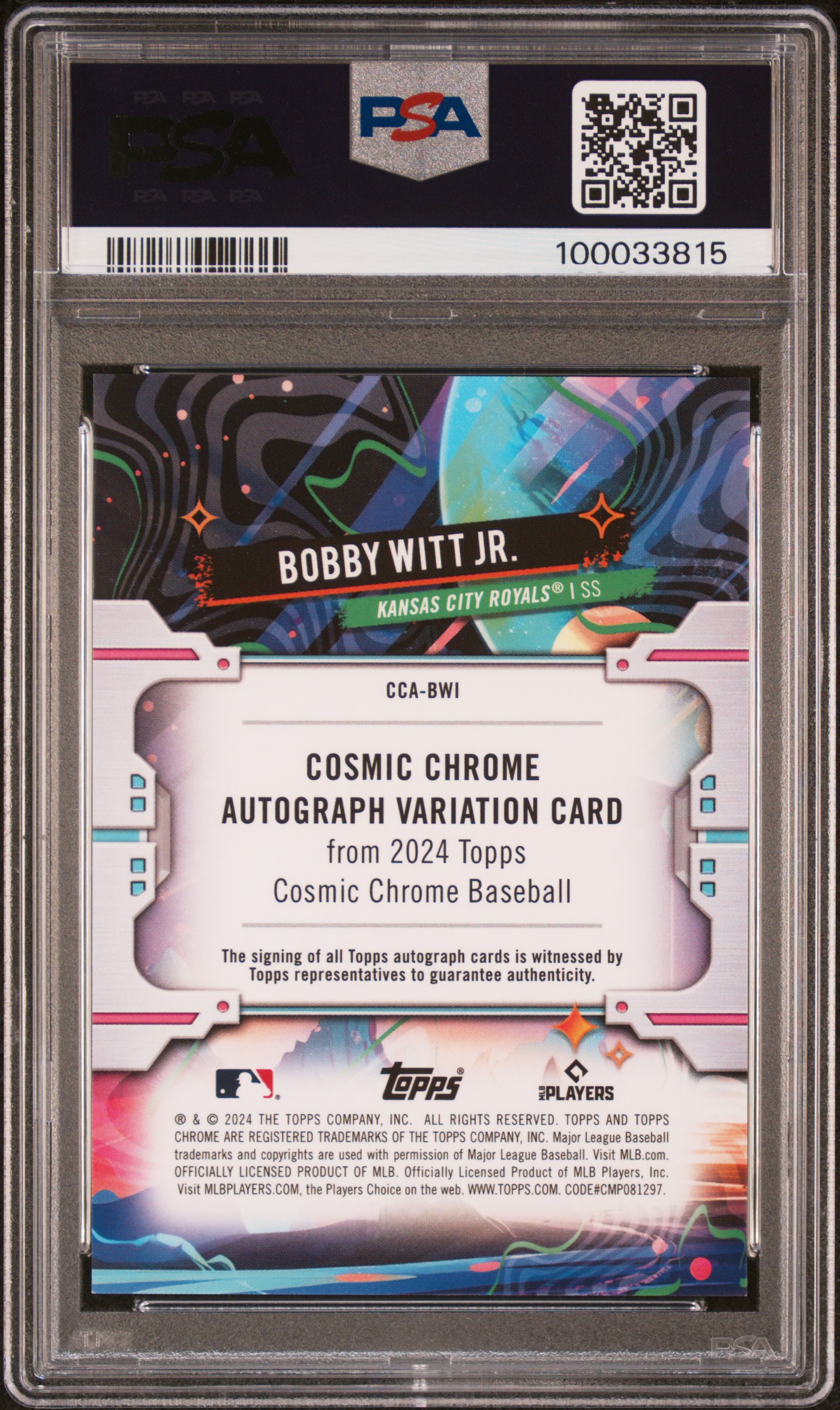 2024 Topps Chrome Cosmic Cosmic Chrome Autographs Bobby Witt Jr. #Bwi (Auto-Green Space Dust Ref) Gem Mt 10 back