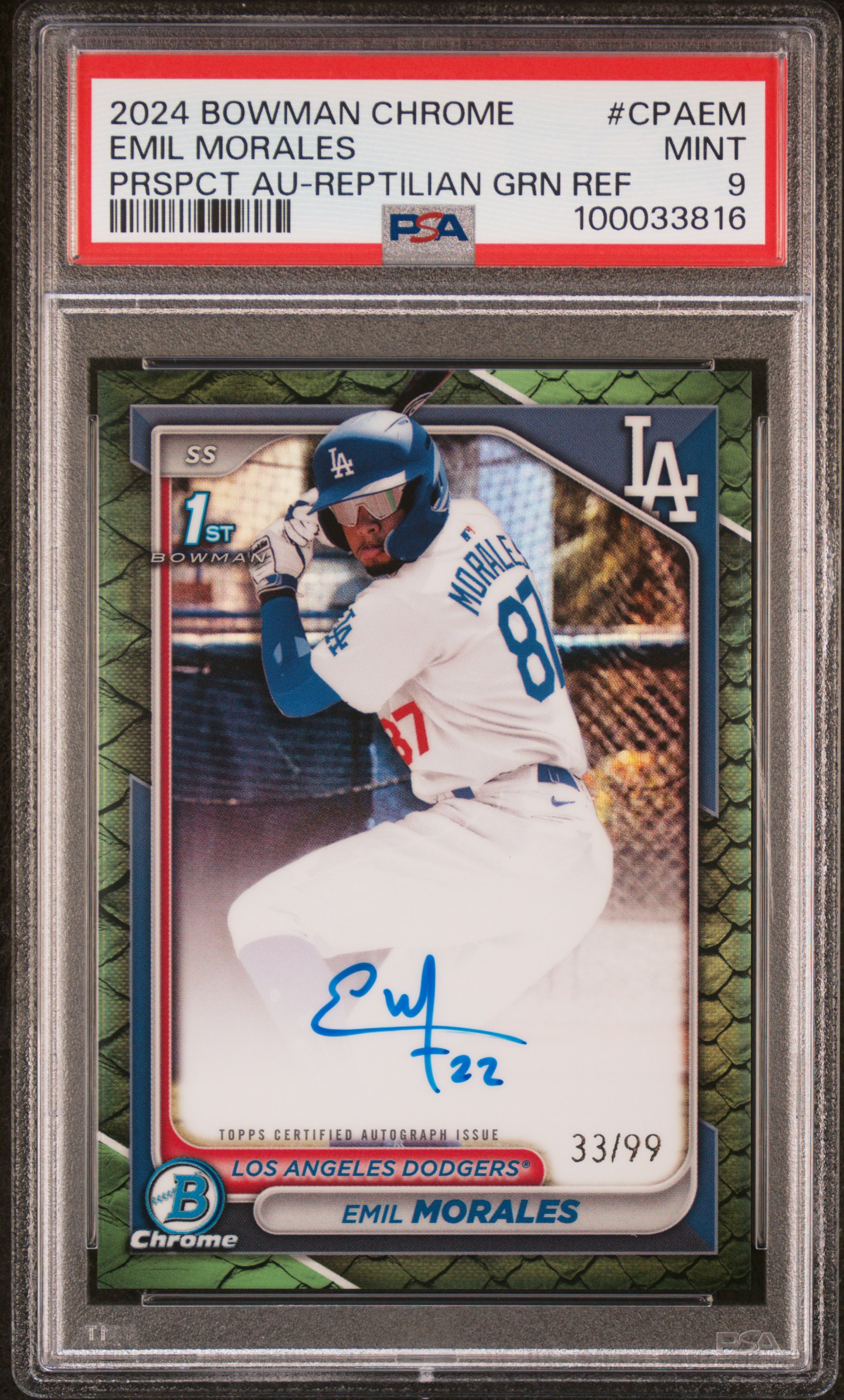 2024 Bowman Chrome Prospect Autographs Emil Morales #Cpaem (Prspct Au-Reptilian Grn Ref) Mint 9 front