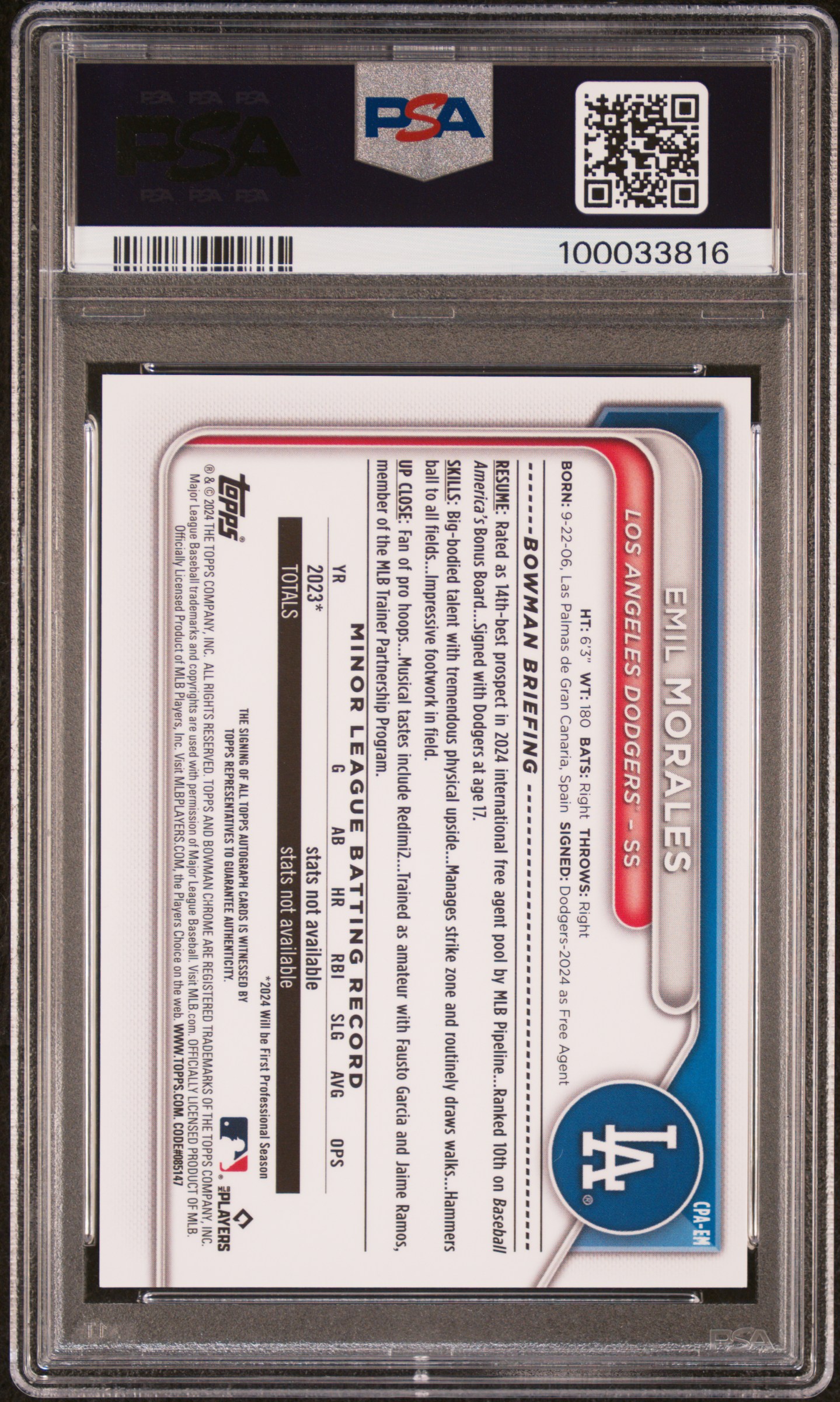 2024 Bowman Chrome Prospect Autographs Emil Morales #Cpaem (Prspct Au-Reptilian Grn Ref) Mint 9 back